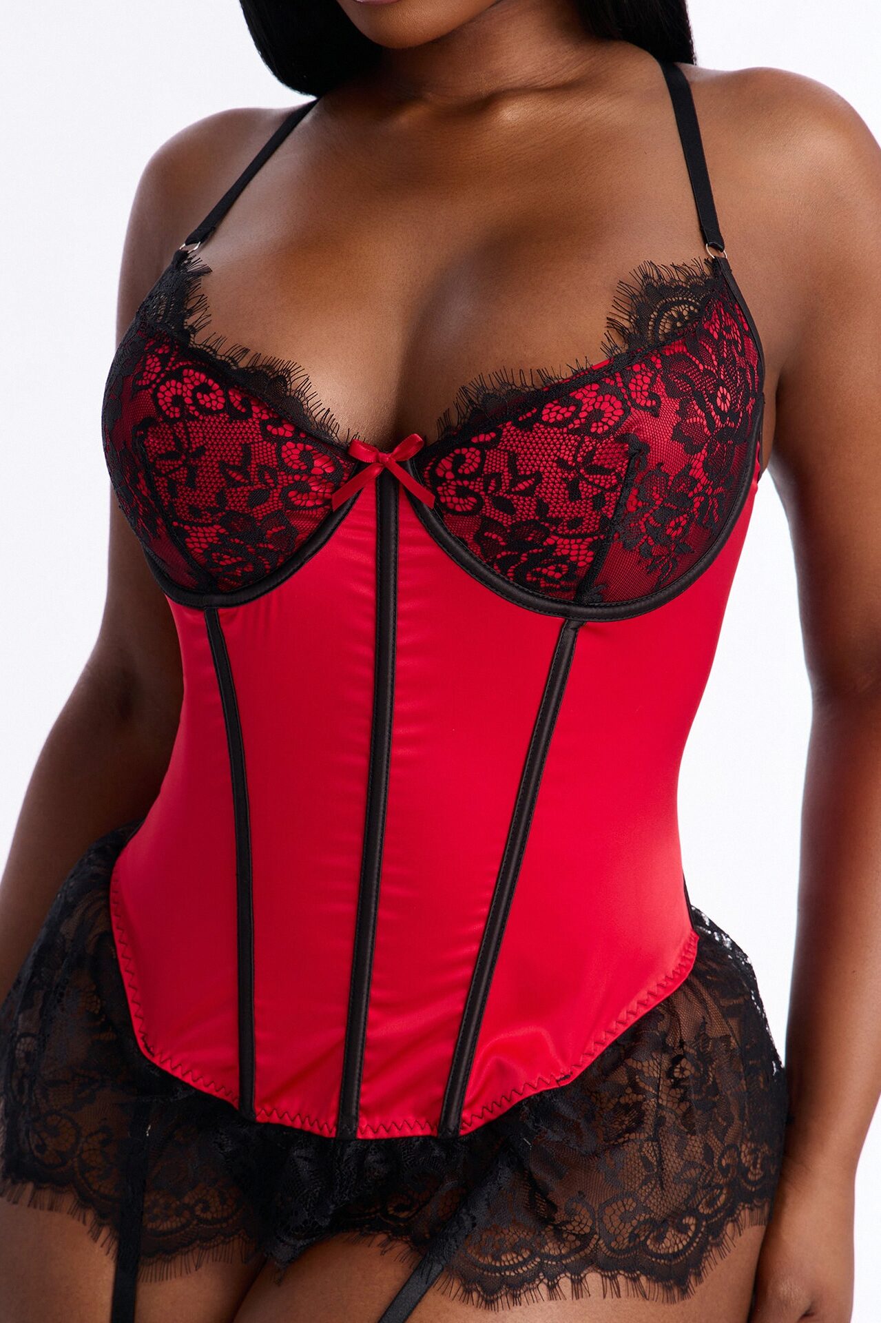 Bella Lace Boning Teddy - Red/Black
