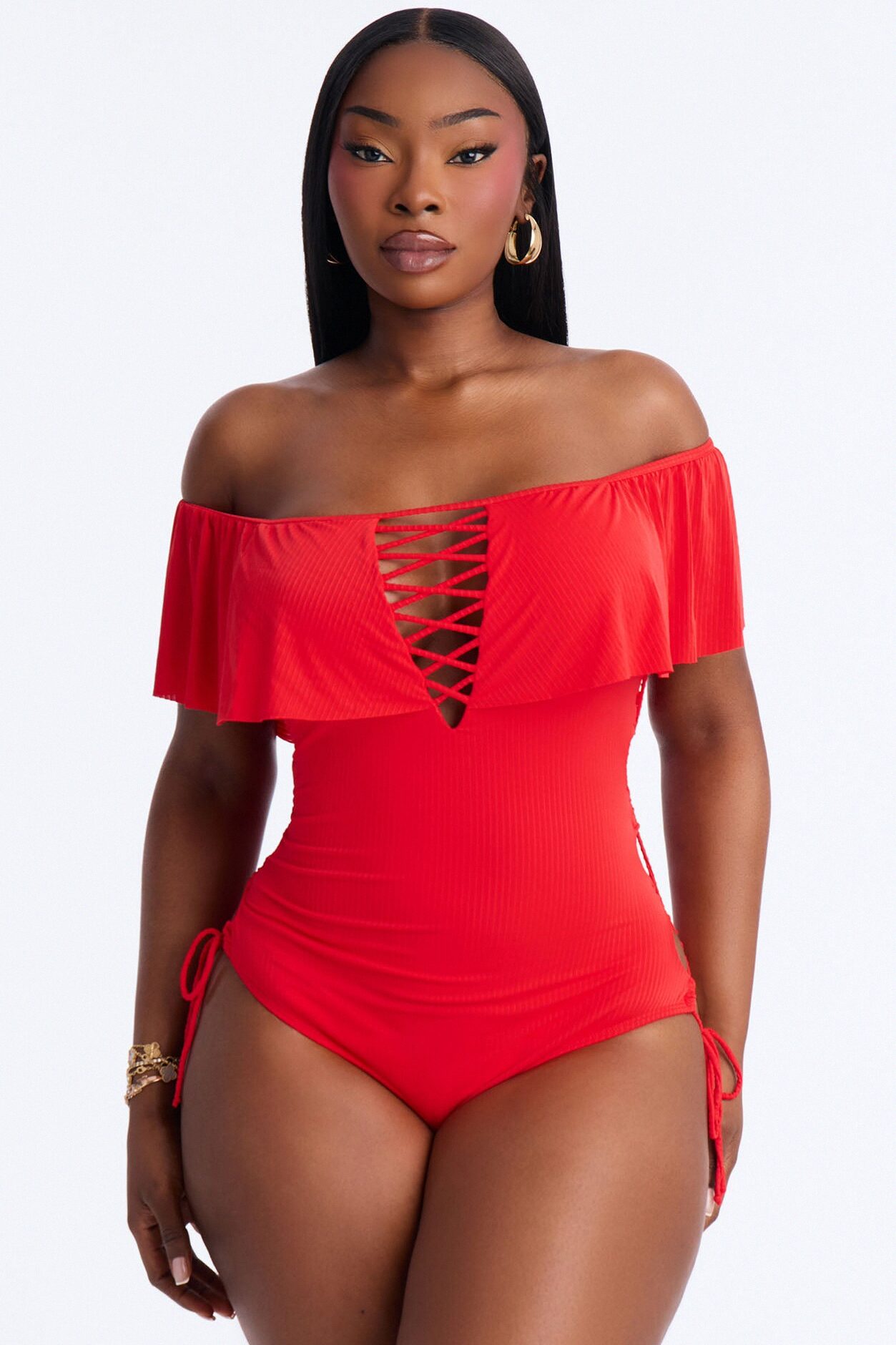 Take One Shoulder Ruffle Sleeve Lace Down Ribbed 1 Piece Swimsuit - Red