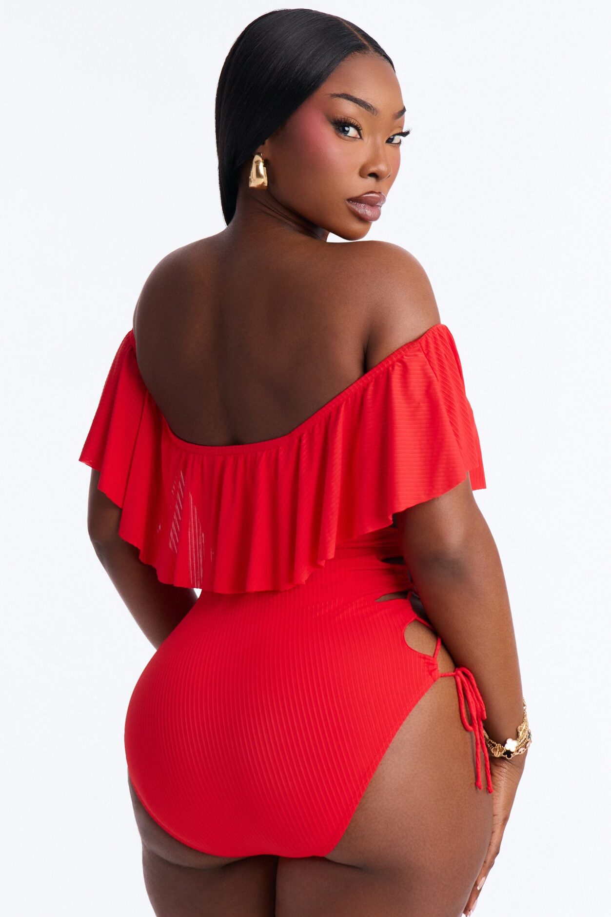 Take One Shoulder Ruffle Sleeve Lace Down Ribbed 1 Piece Swimsuit - Red