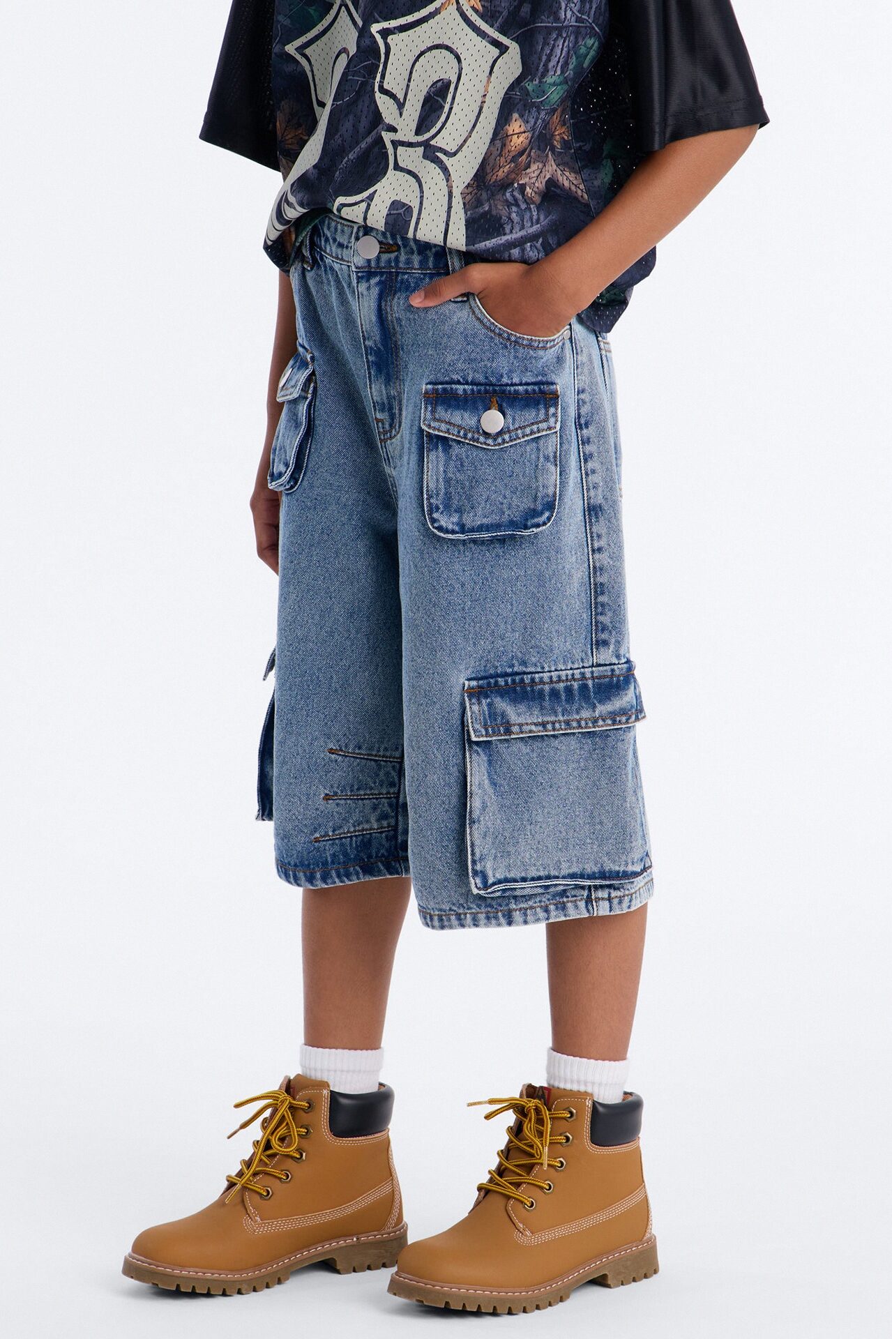 Mini Frankie Acid Wash Cargo Denim Jorts - Medium Wash
