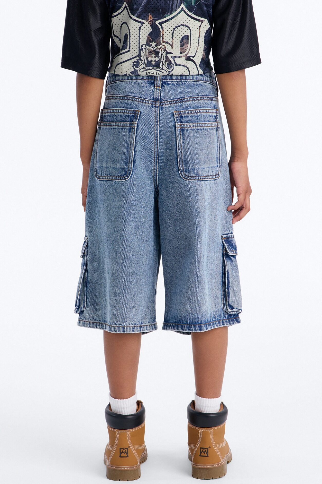 Mini Frankie Acid Wash Cargo Denim Jorts - Medium Wash