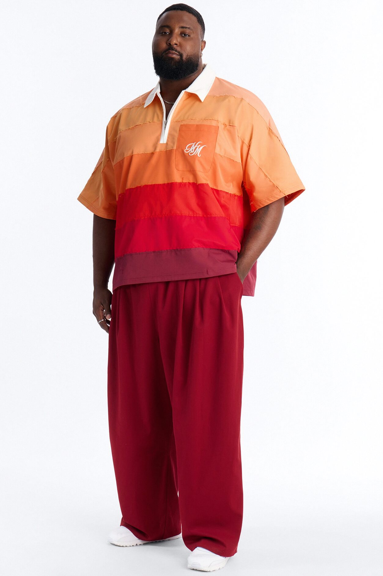 Oversized Frayed Zip Collar Polo - Orange
