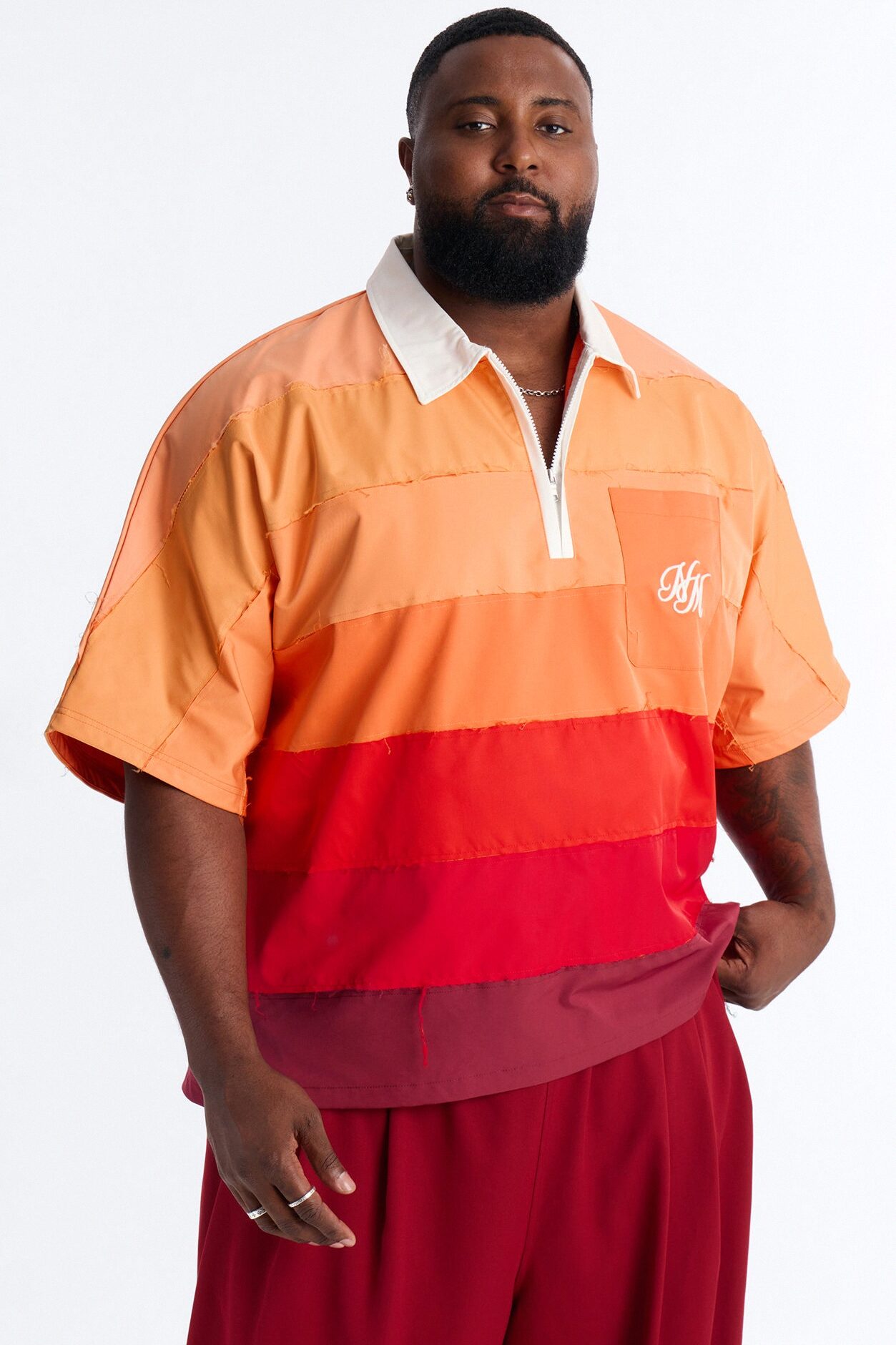 Oversized Frayed Zip Collar Polo - Orange