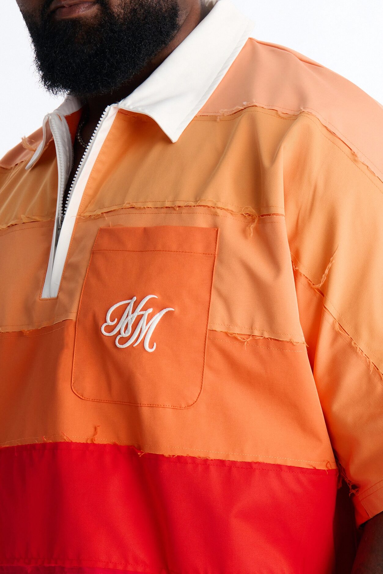 Oversized Frayed Zip Collar Polo - Orange