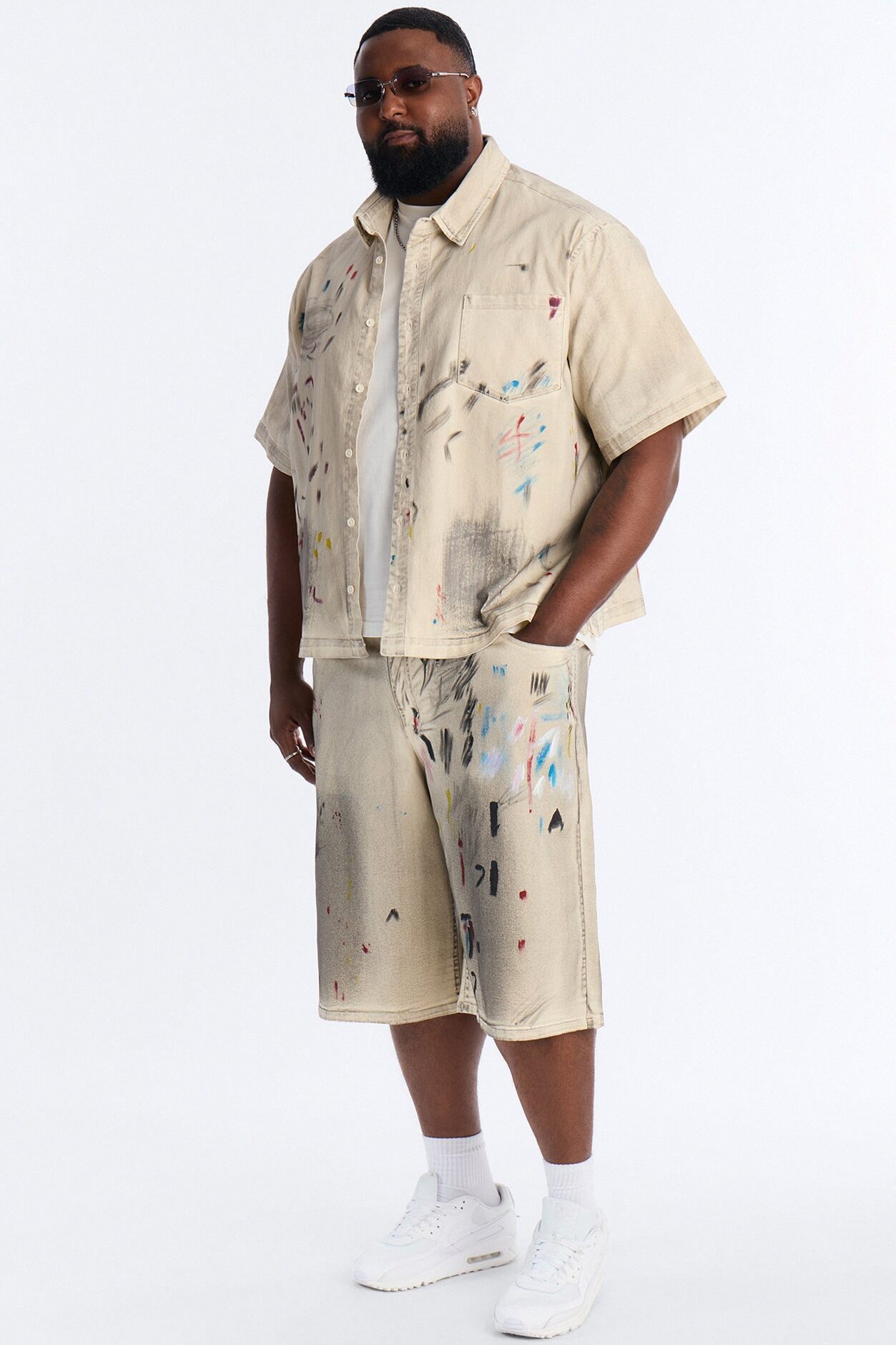 Cropped Hope Street Splatter Denim Button Up Shirt - Cream