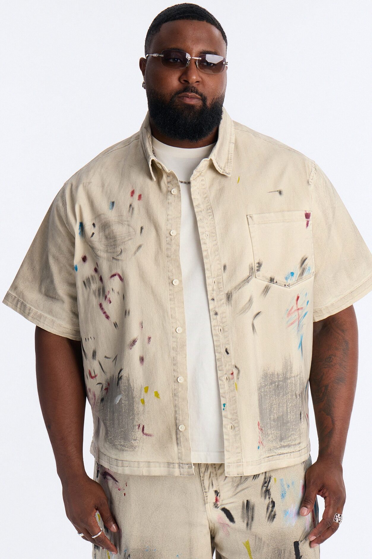Cropped Hope Street Splatter Denim Button Up Shirt - Cream