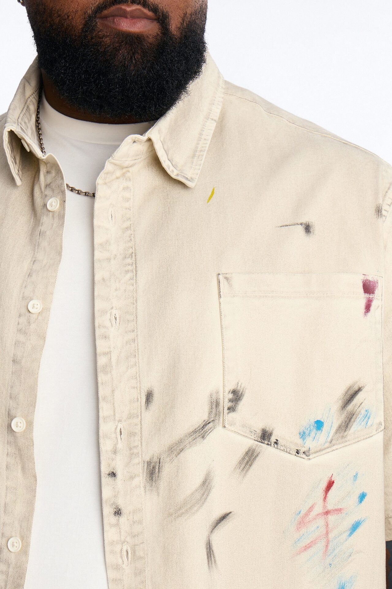 Cropped Hope Street Splatter Denim Button Up Shirt - Cream