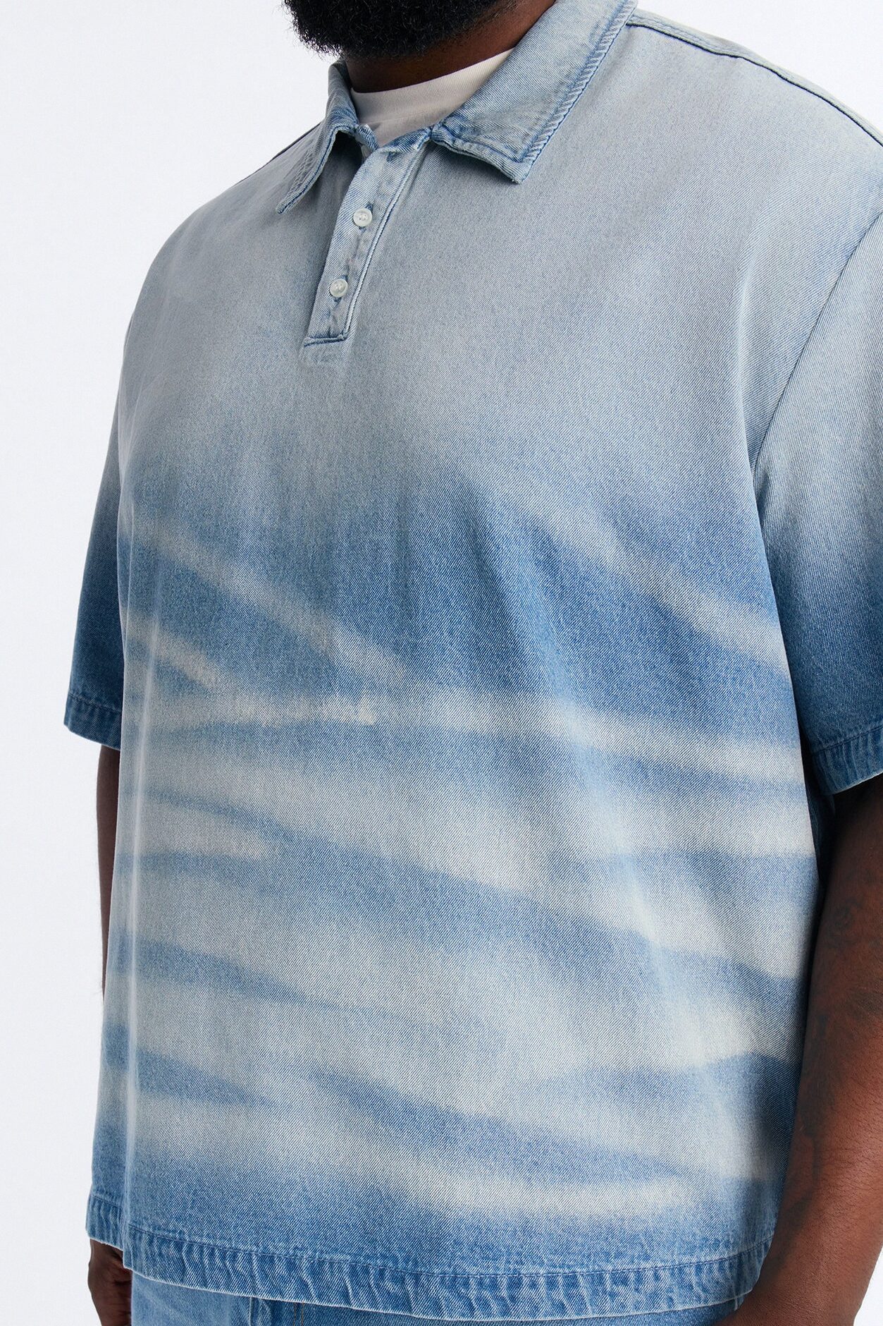 Boxy Faded Wave Denim Polo - Light Blue Wash