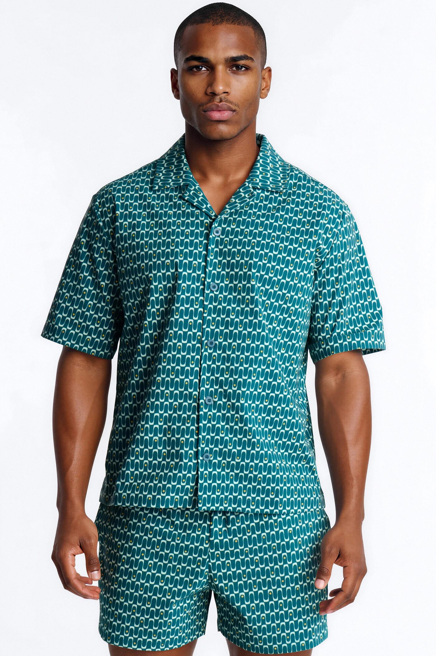 Relaxed Disco Plunge Geometric Cuban Collar Button Up Shirt - Teal/combo