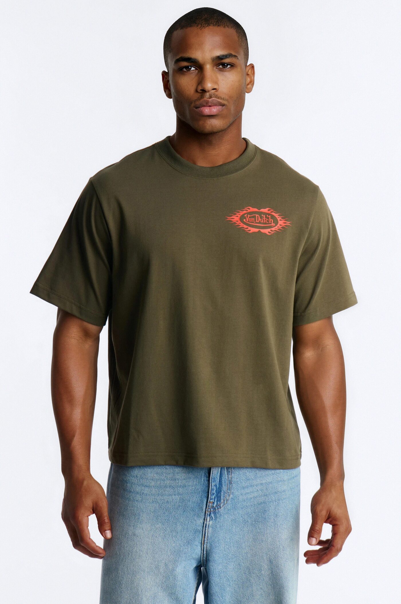 Von Dutch Fire Logo Boxy Heavyweight Short Sleeve Tee - Olive