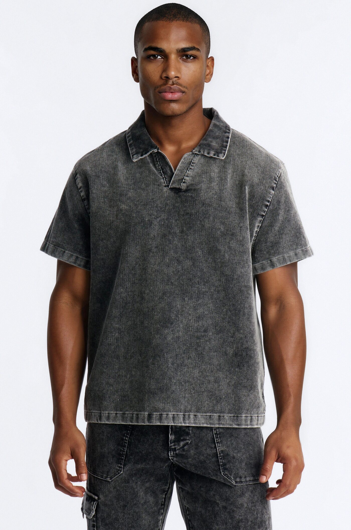 Ohio Corduroy Johnny Collar Polo - Black Wash