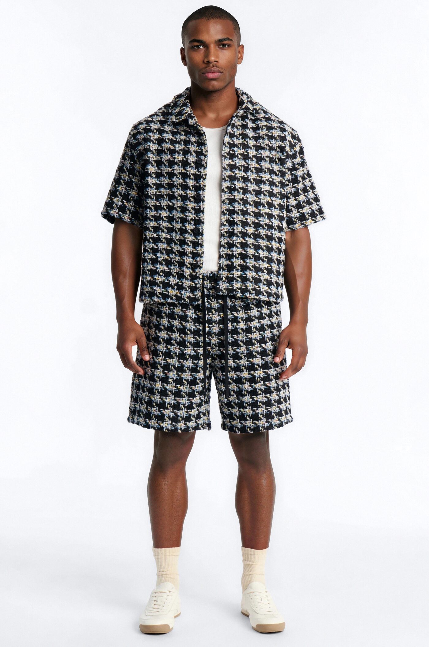 Cropped Relaxed Textured Boucle Houndstooth Button Up Shirt - Black