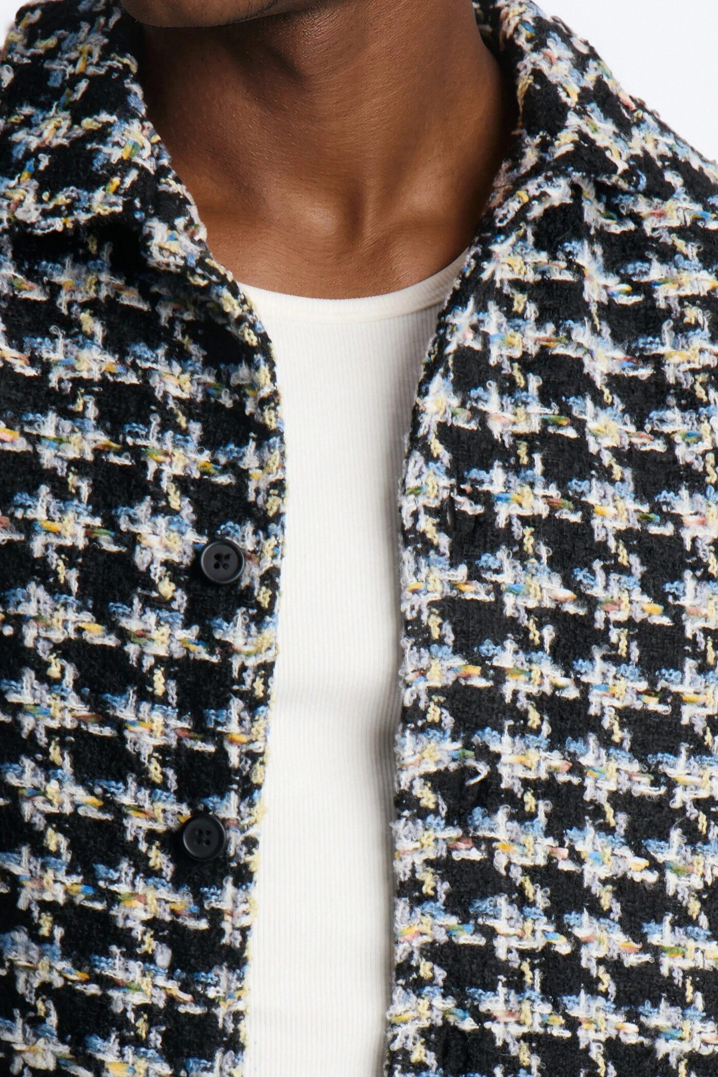 Cropped Relaxed Textured Boucle Houndstooth Button Up Shirt - Black