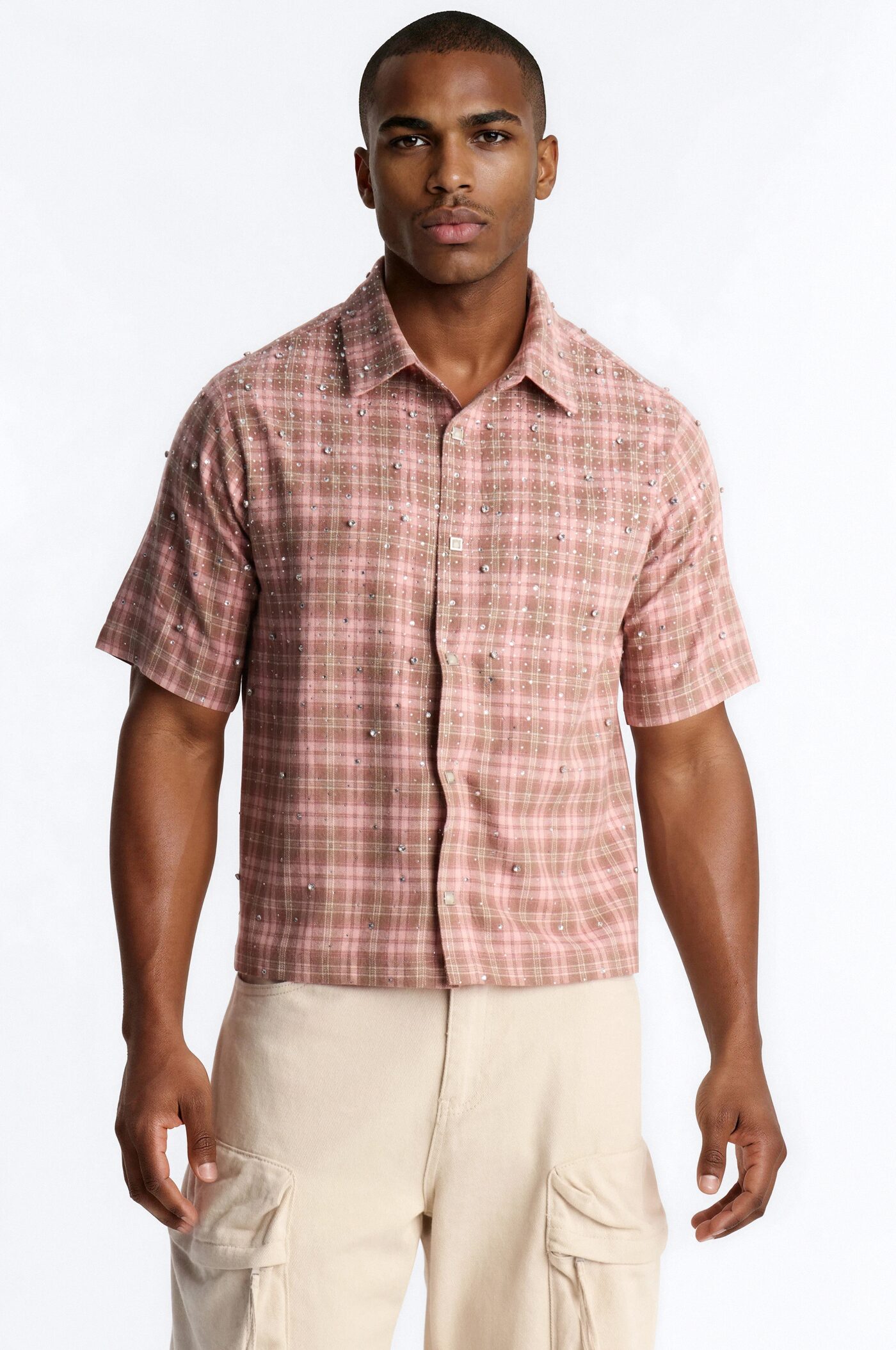 Cropped Vector Studded Plaid Button Up Shirt - Brown