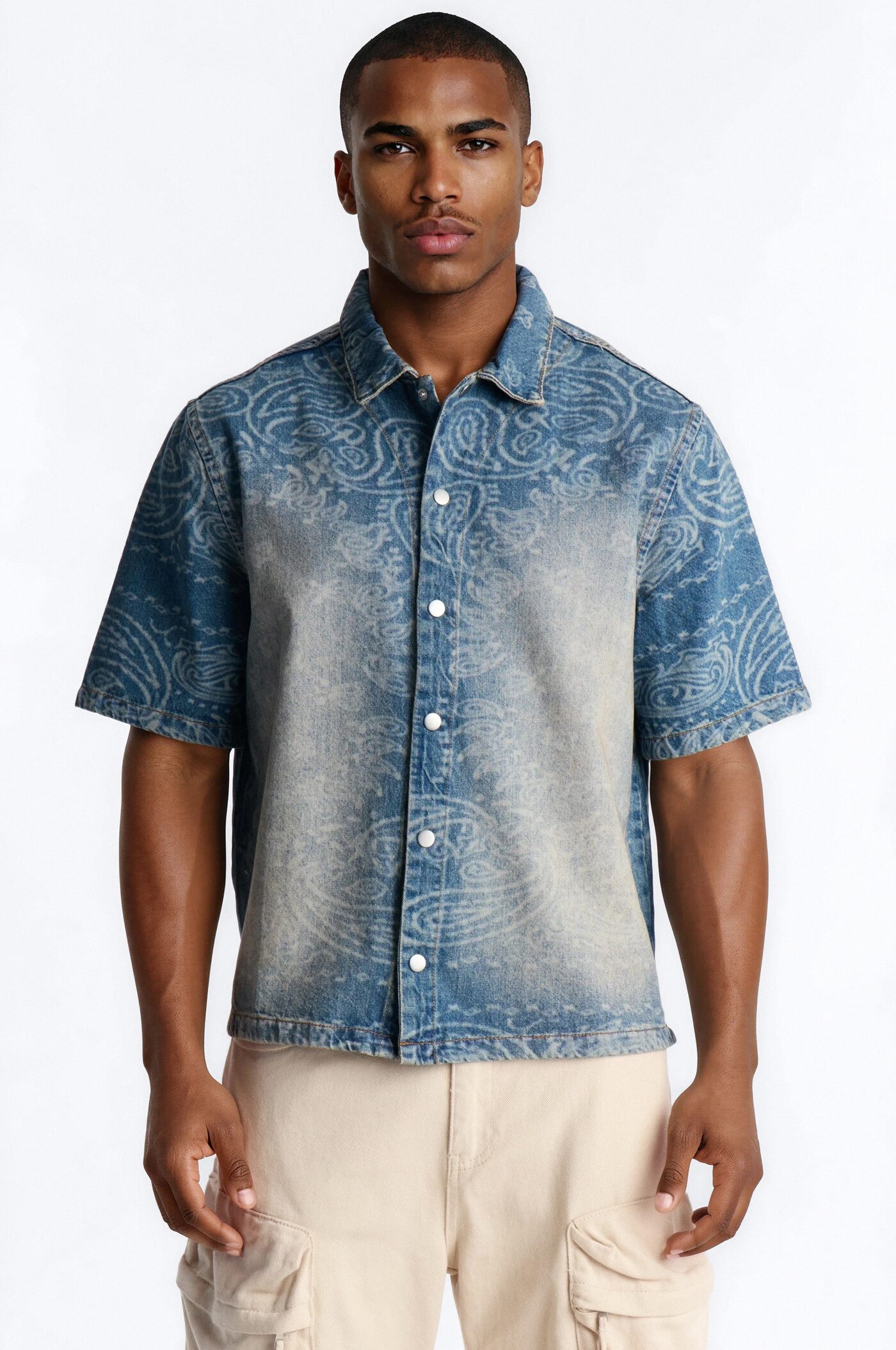 Cropped Paisley Last Denim Button Up Shirt - Medium Blue Wash