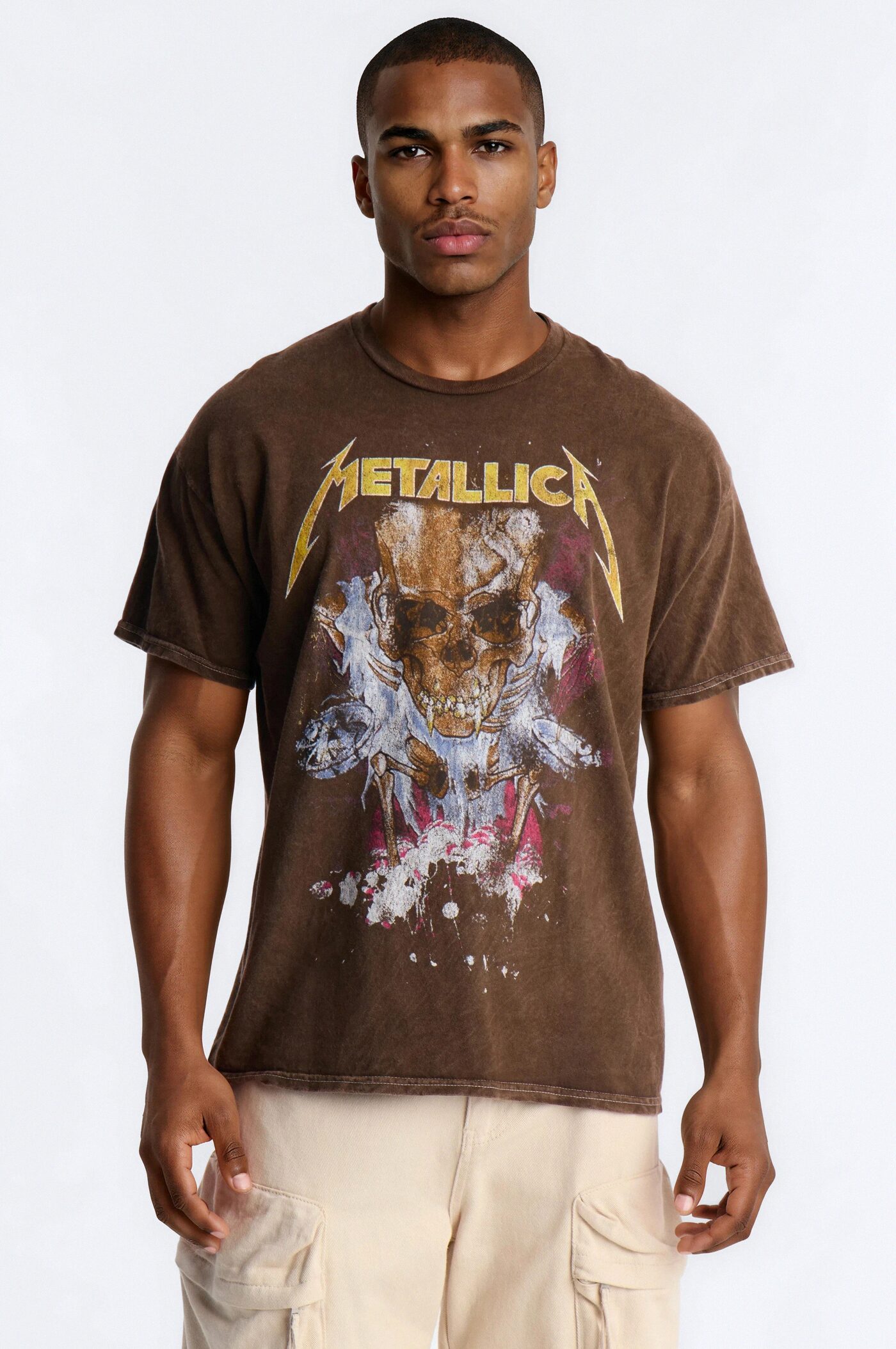 Metallica Vintage Distressed Skull Short Sleeve Tee - Brown
