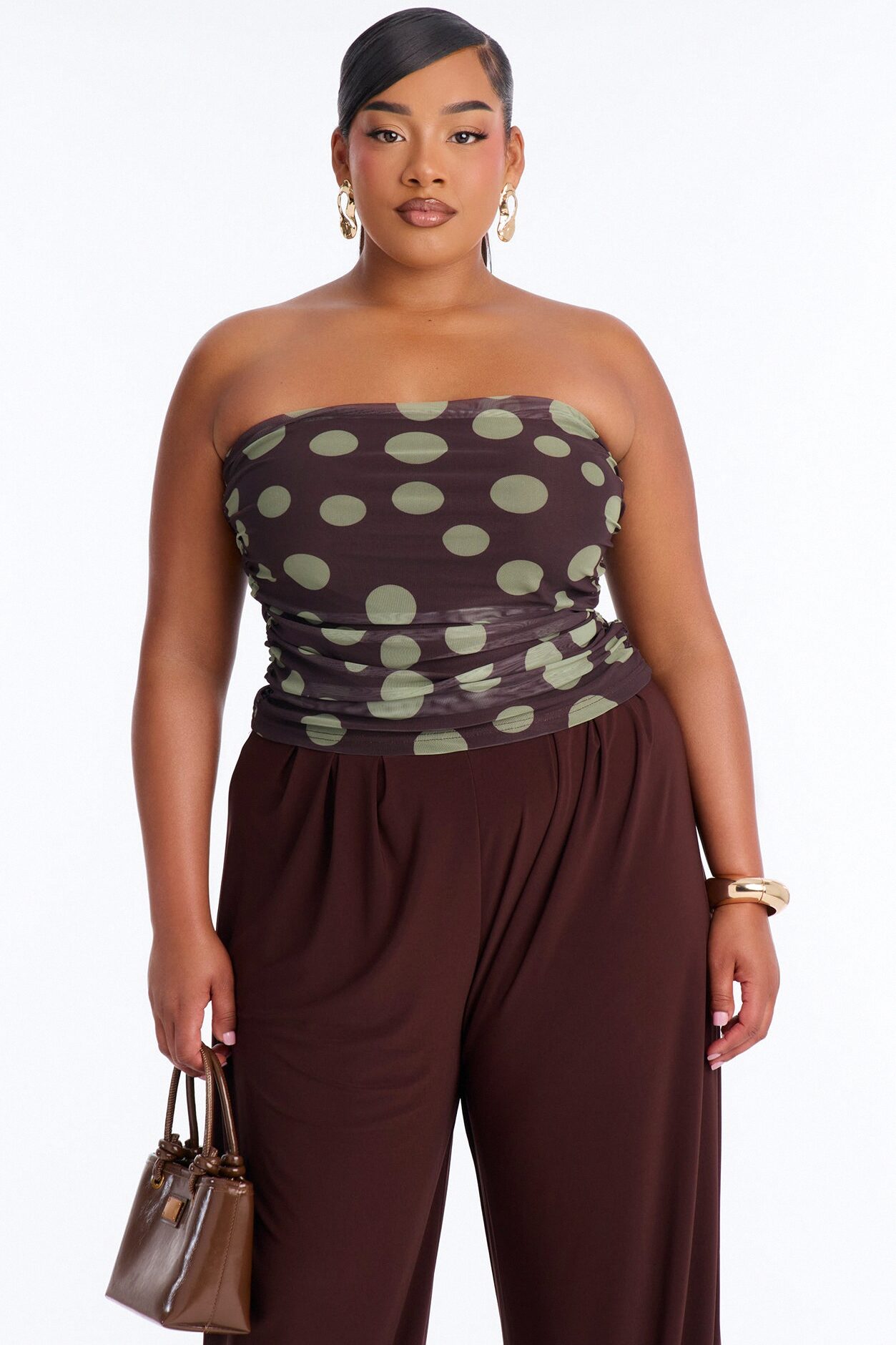 Kami Ruched Mesh Polka Dot Tube Top - Brown/combo