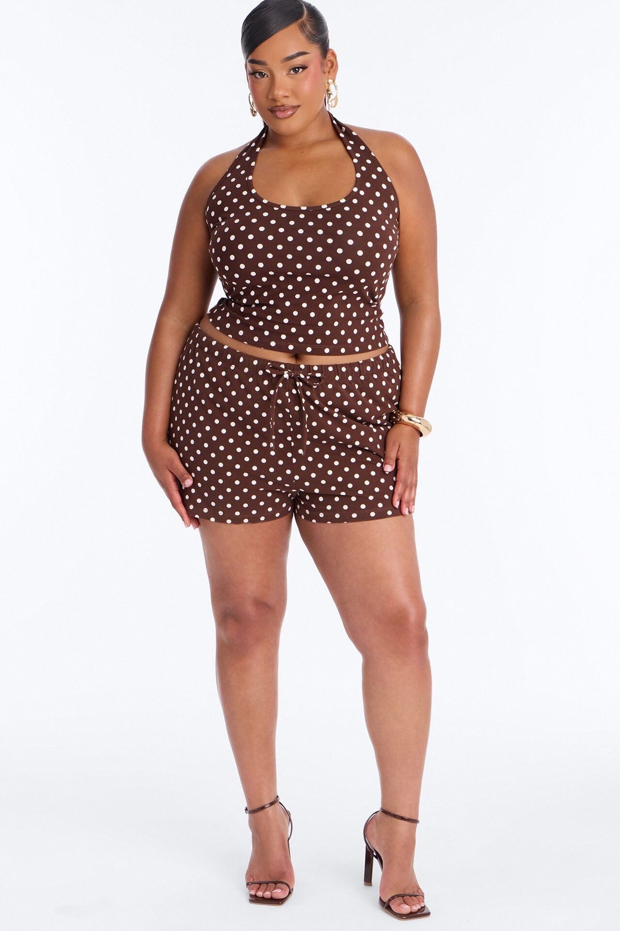 Sarah Polka Dot Halter Short Set - Brown