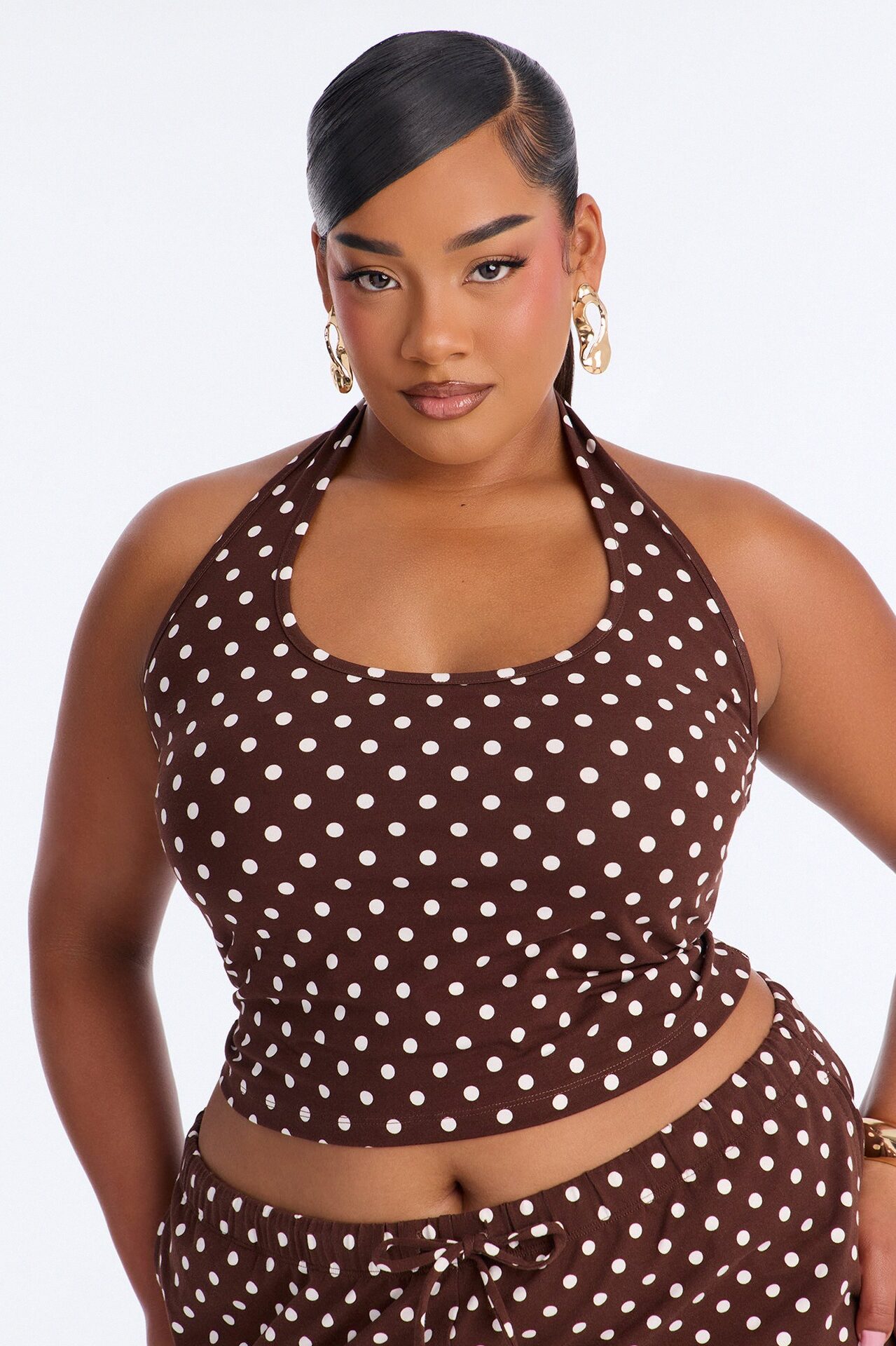 Sarah Polka Dot Halter Short Set - Brown