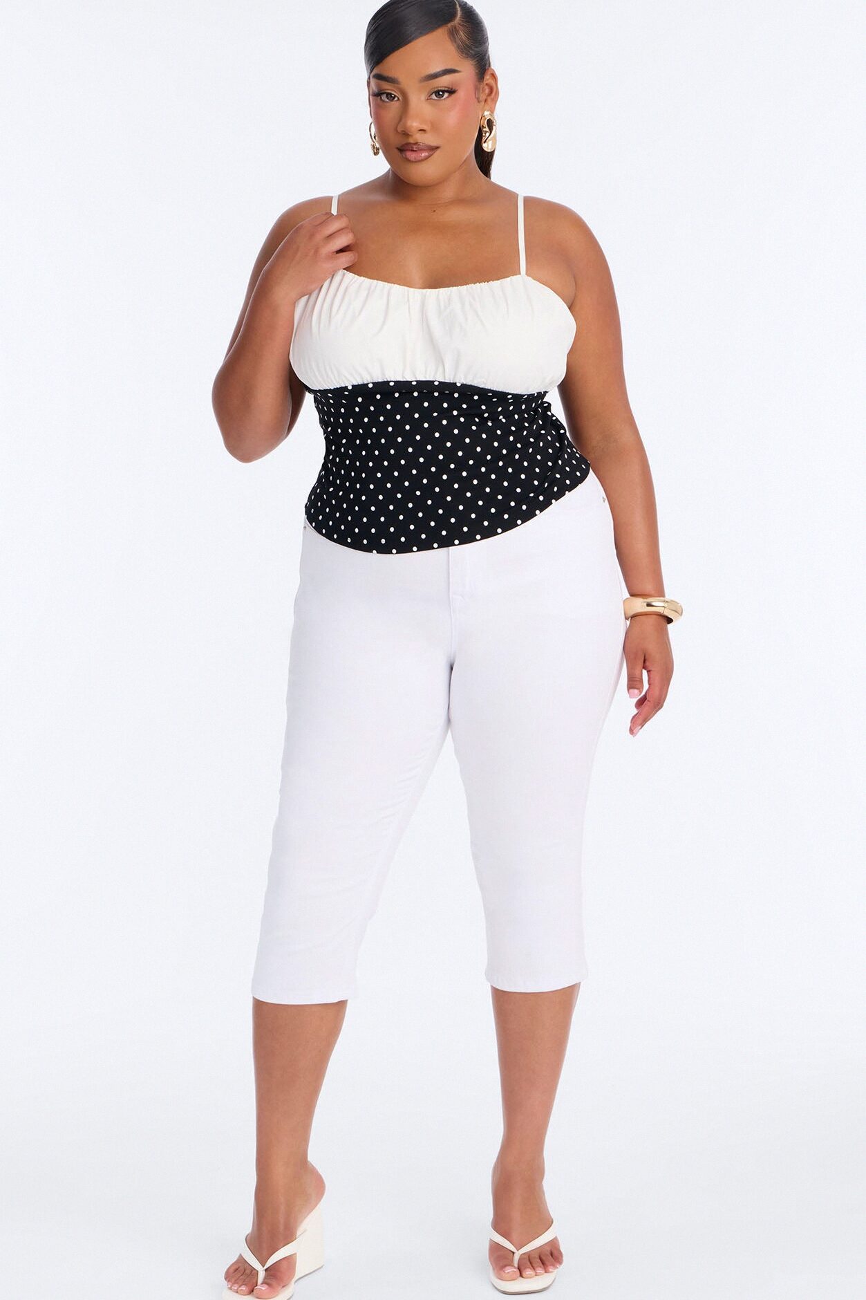 Take Care Polka Dot Ruched Sleeveless Top - Black/White