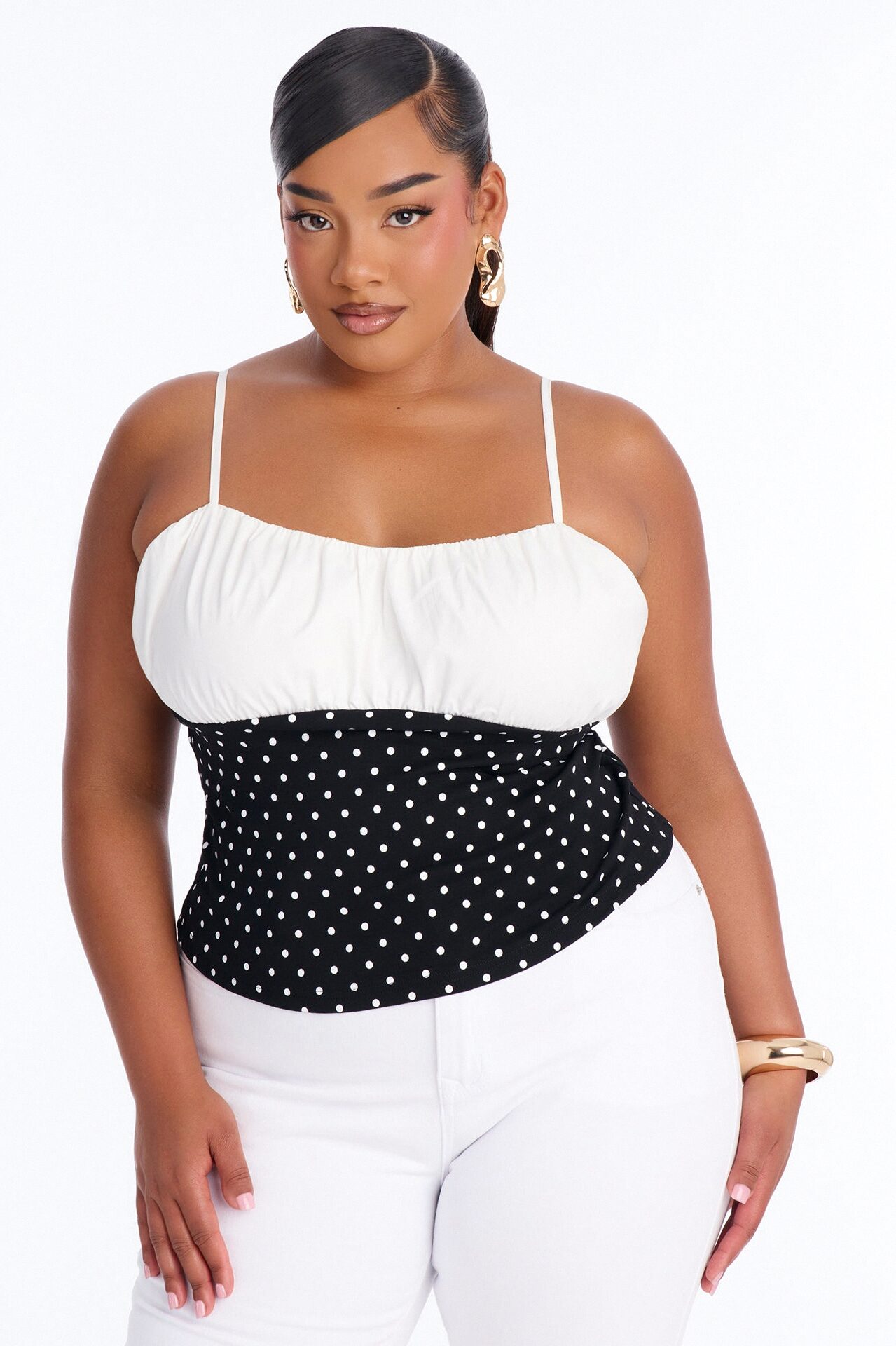 Take Care Polka Dot Ruched Sleeveless Top - Black/White