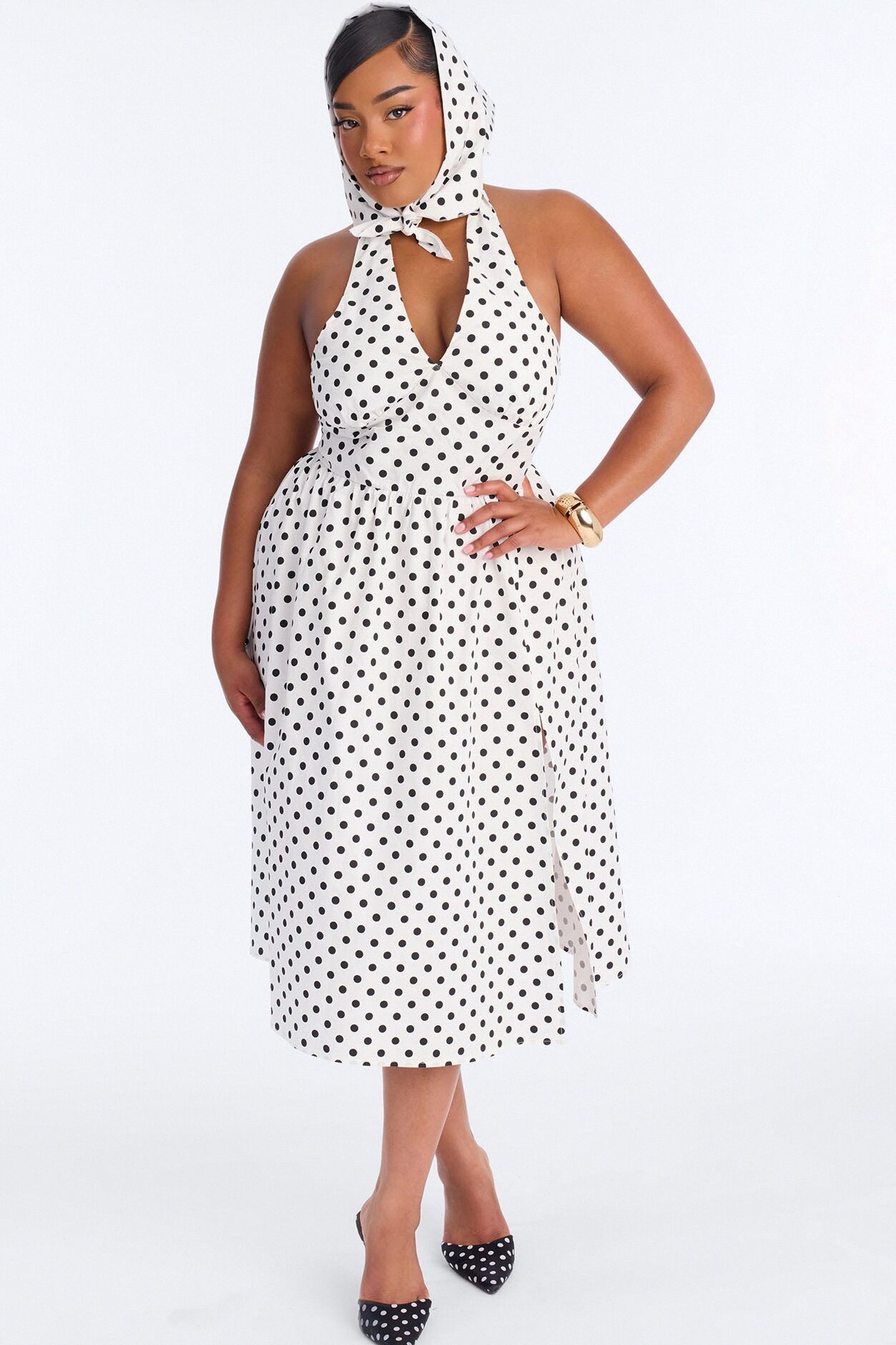 Darla Halter Polka Dot Midi Dress - White/Black
