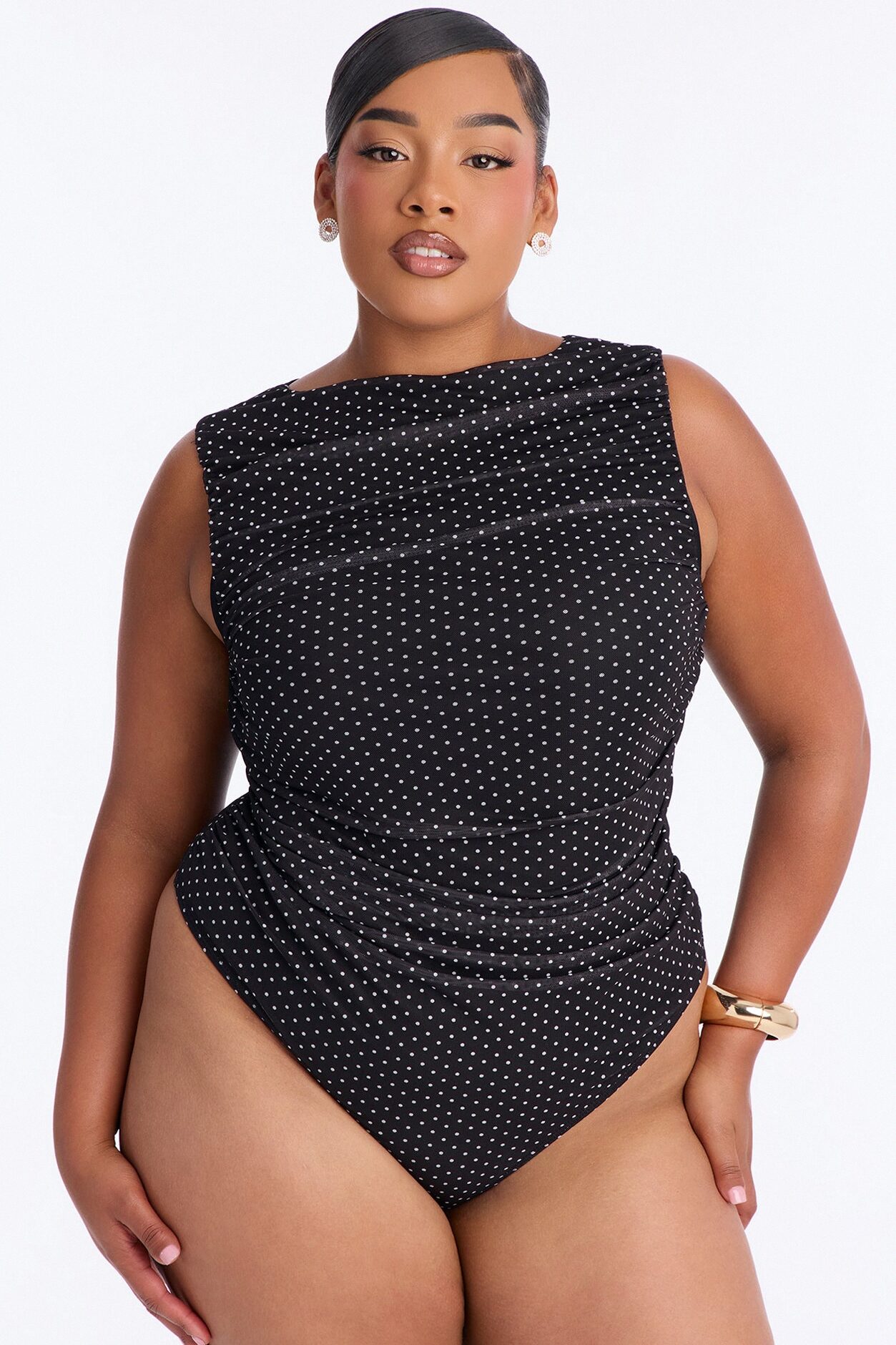 Maggie Polka Dot Mesh Ruched Sleeveless Bodysuit - Black/combo