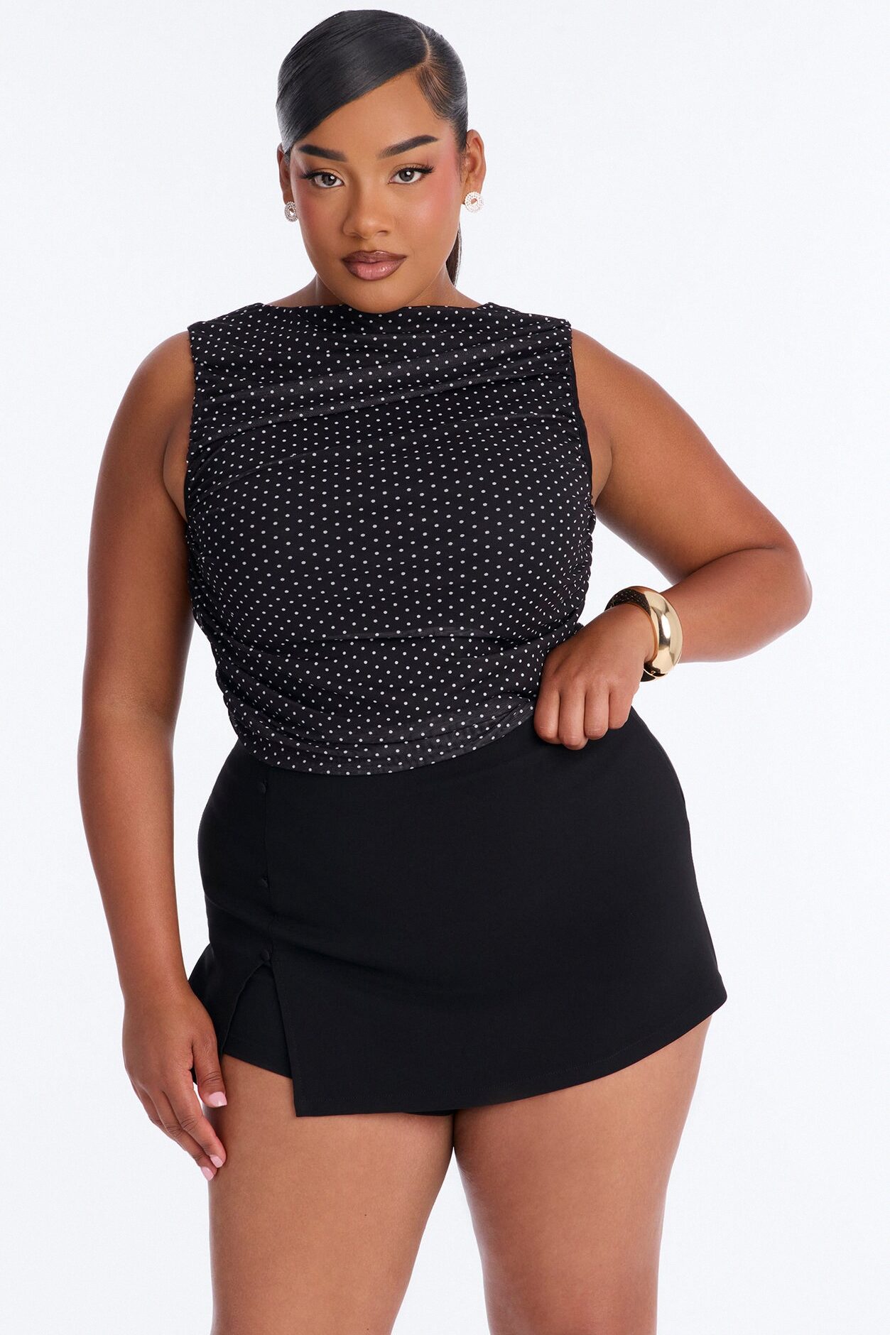 Maggie Polka Dot Mesh Ruched Sleeveless Bodysuit - Black/combo