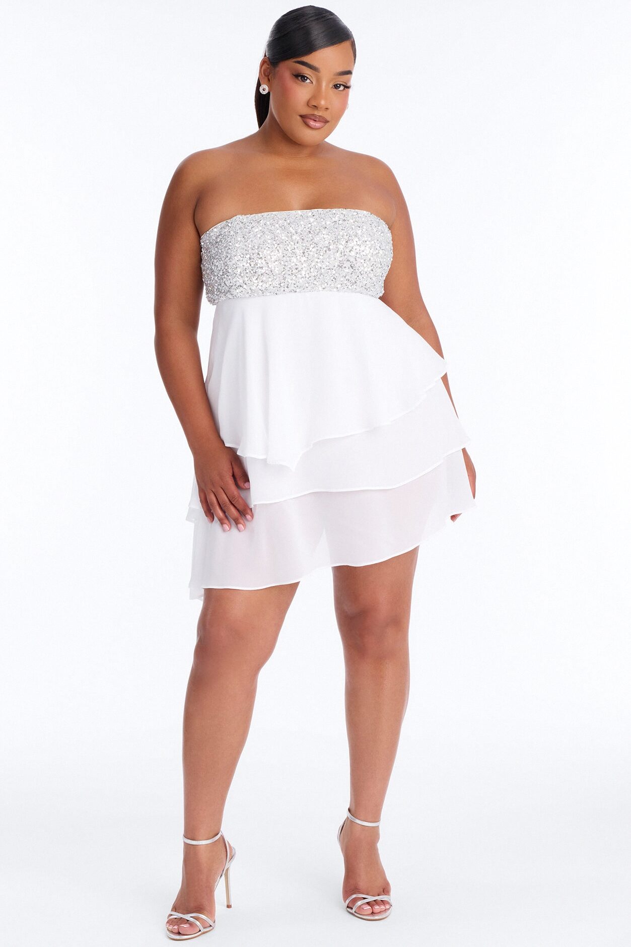 Timeless Sequin Trim Chiffon Mini Dress - White