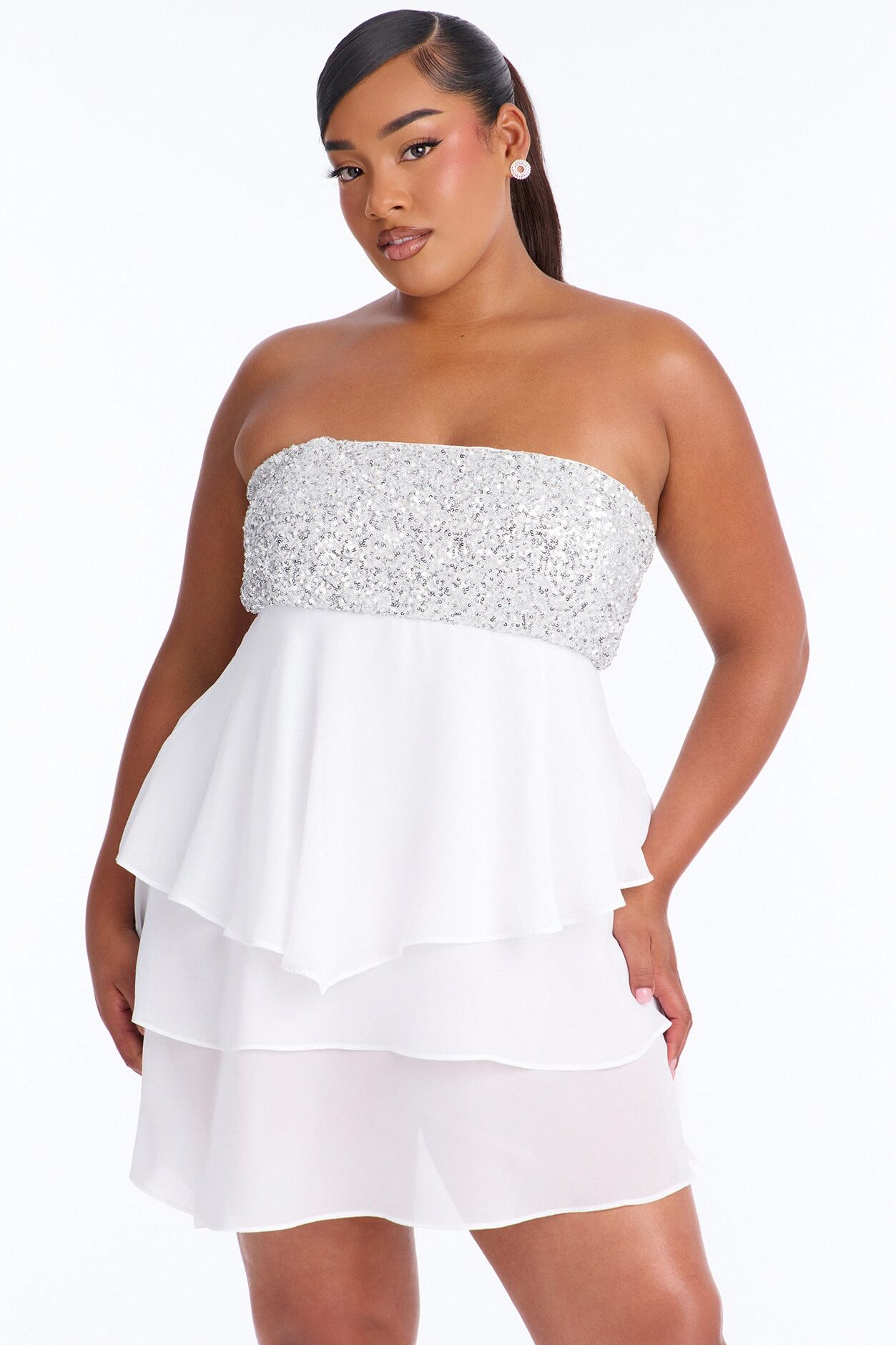 Timeless Sequin Trim Chiffon Mini Dress - White