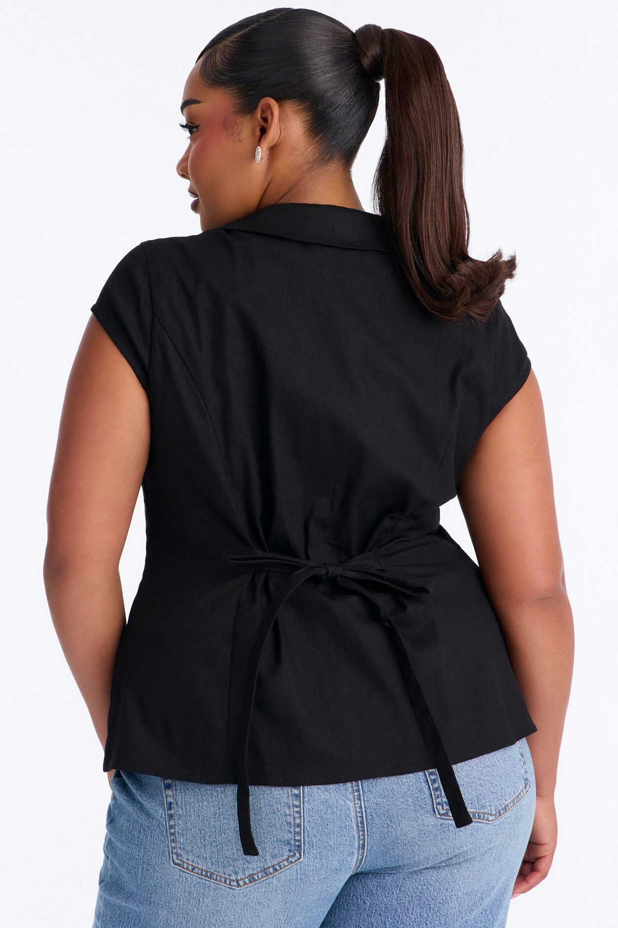 Little Cute Moment Tie Back Linen Shirt - Black