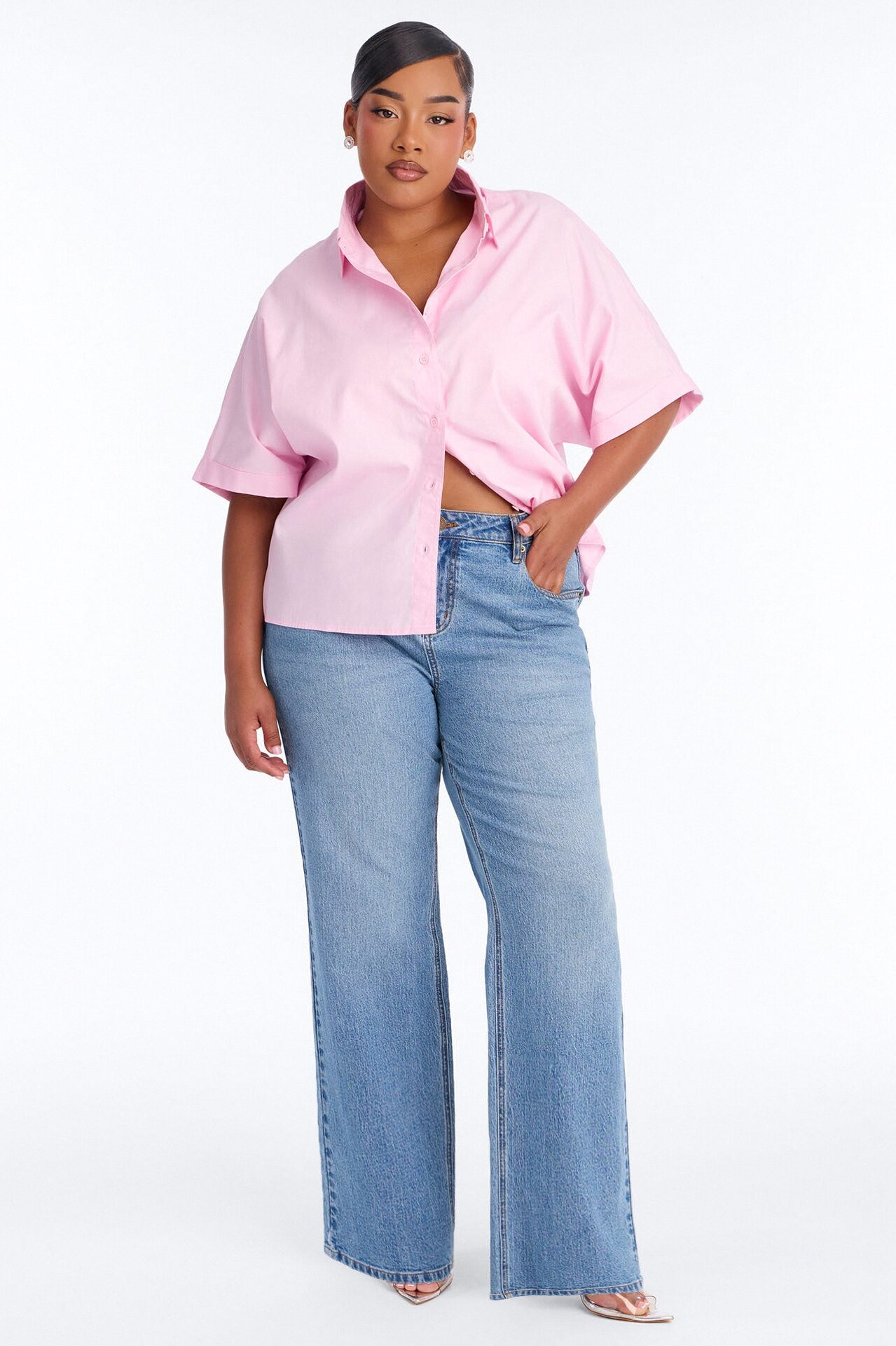Sancie Oversized Poplin Button Up Shirt - Pink