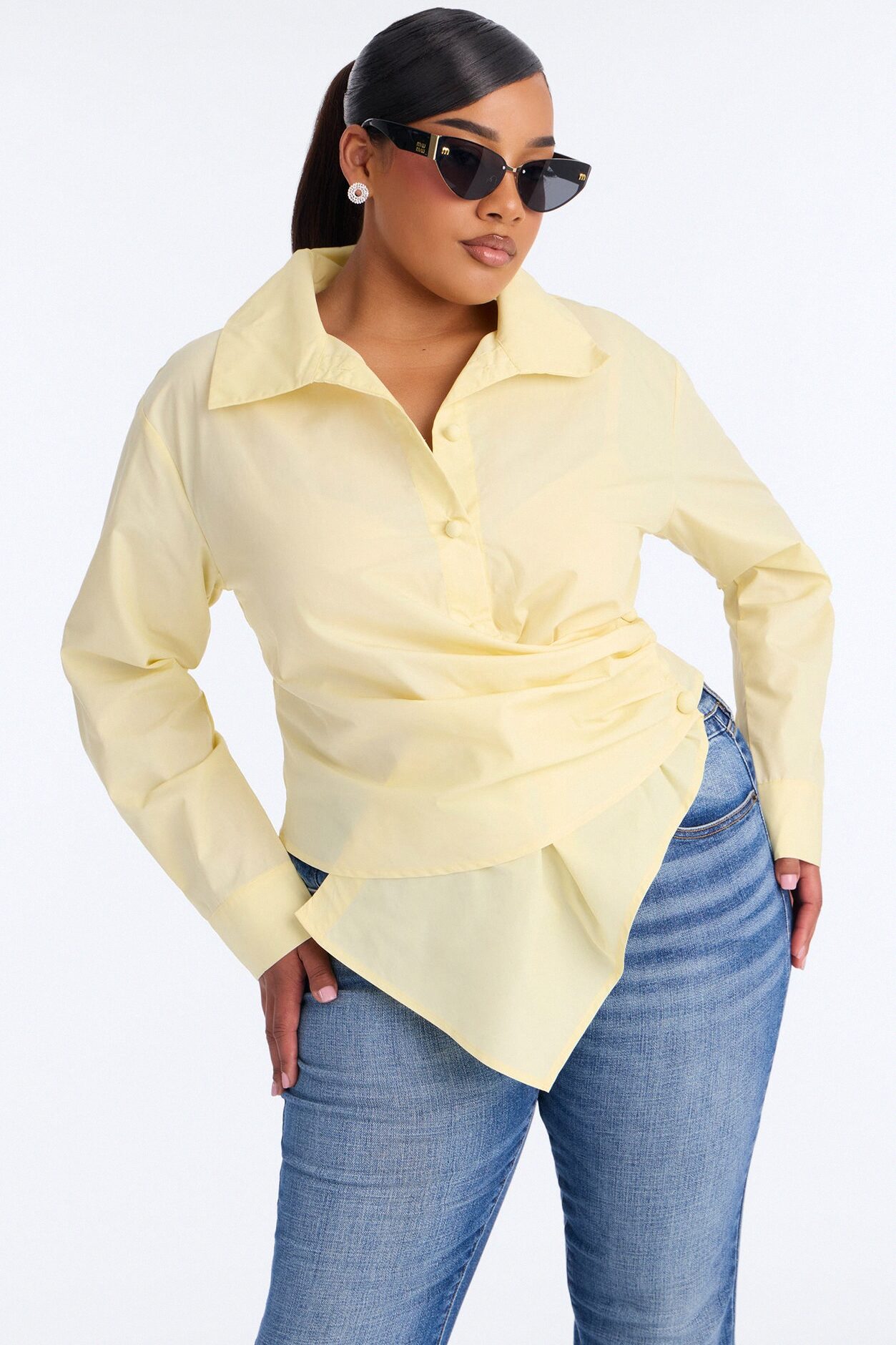 Late For Work Asymmetrical Poplin Shirt - Butter Yellow