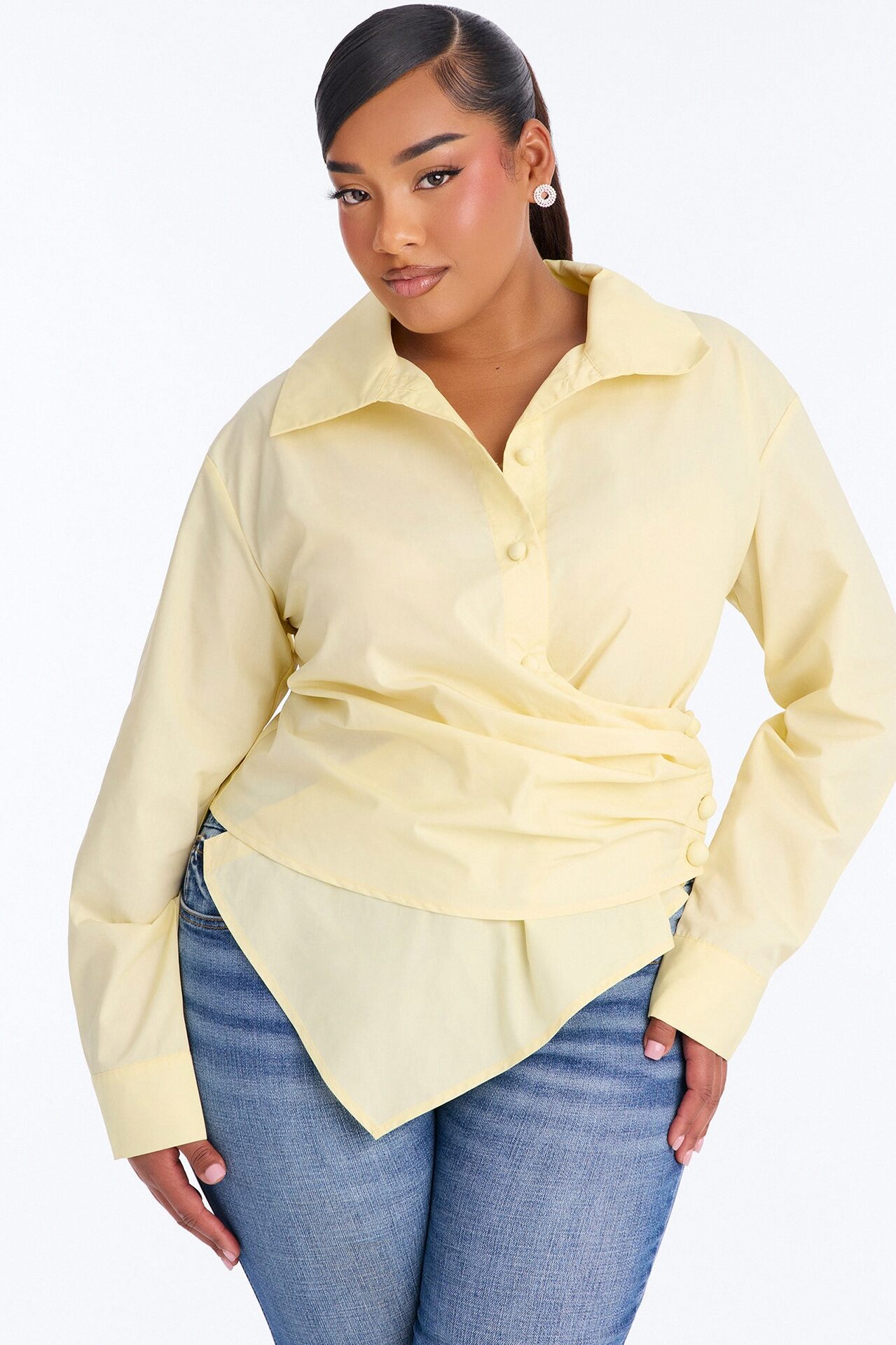 Late For Work Asymmetrical Poplin Shirt - Butter Yellow
