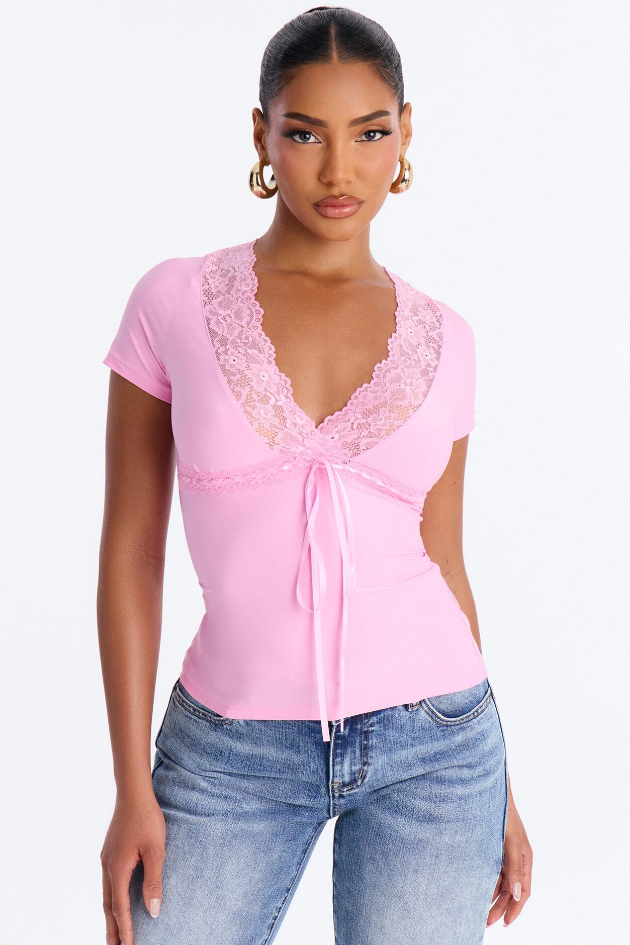 Bridget Lace Trim Short Sleeve Top - Pink