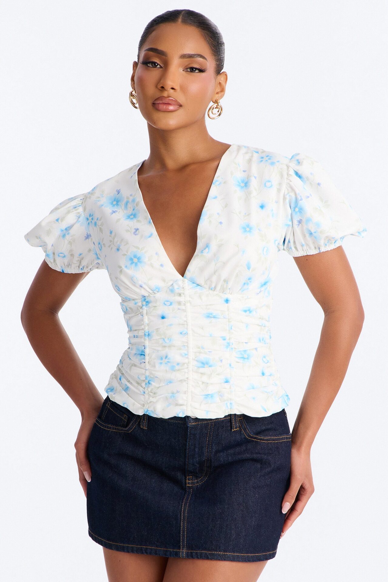 Arlene Puff Sleeved Floral Chiffon Top - Blue/combo
