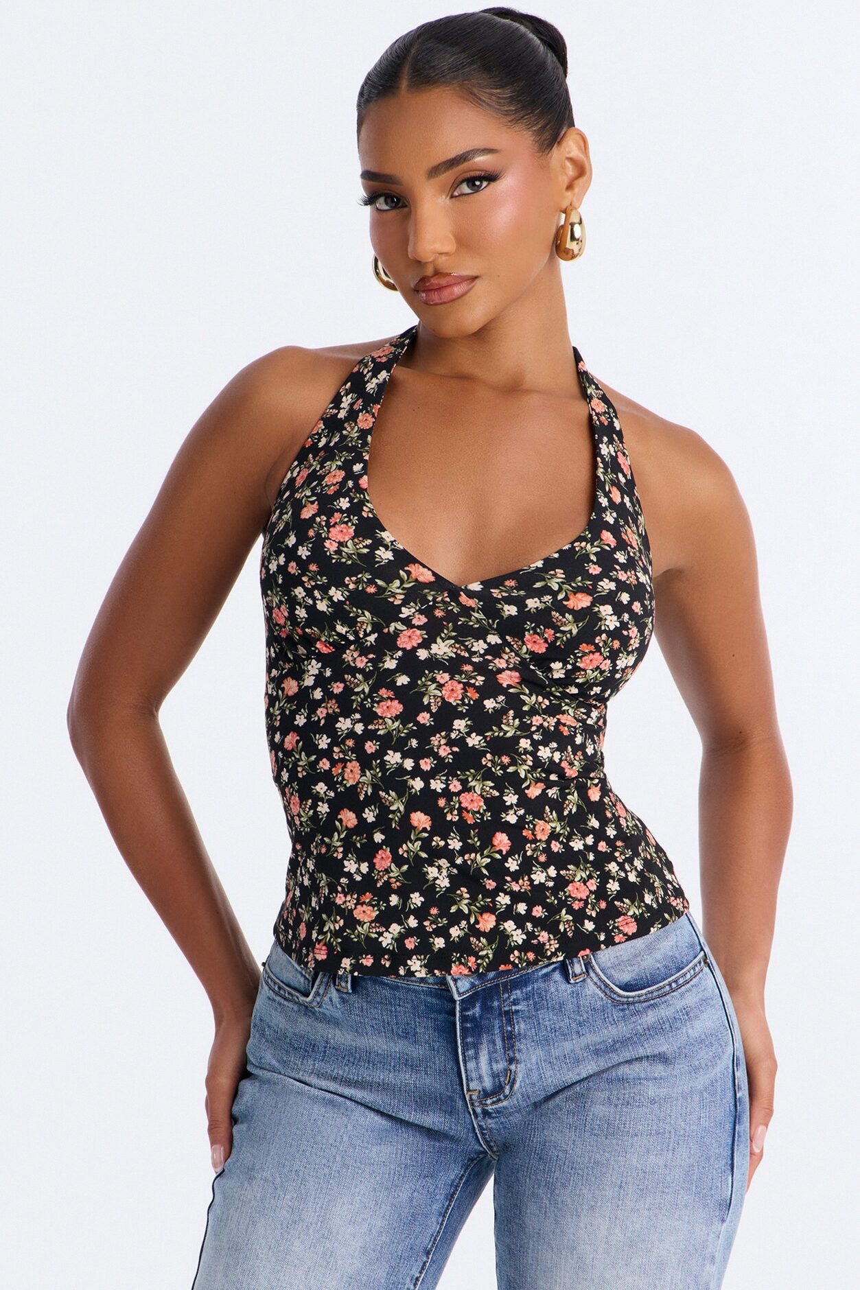 Rosie Double Lined Floral Halter Neck Top - Black