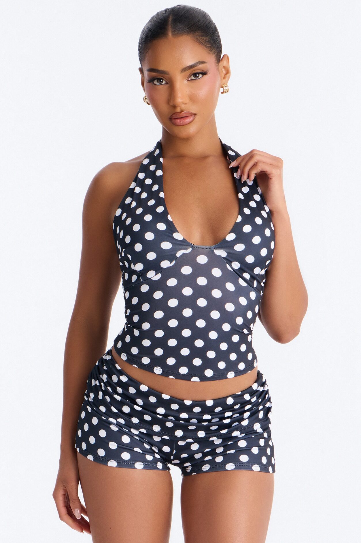 Ella Polka Dot Halter Fold Over Short Set - Black/White