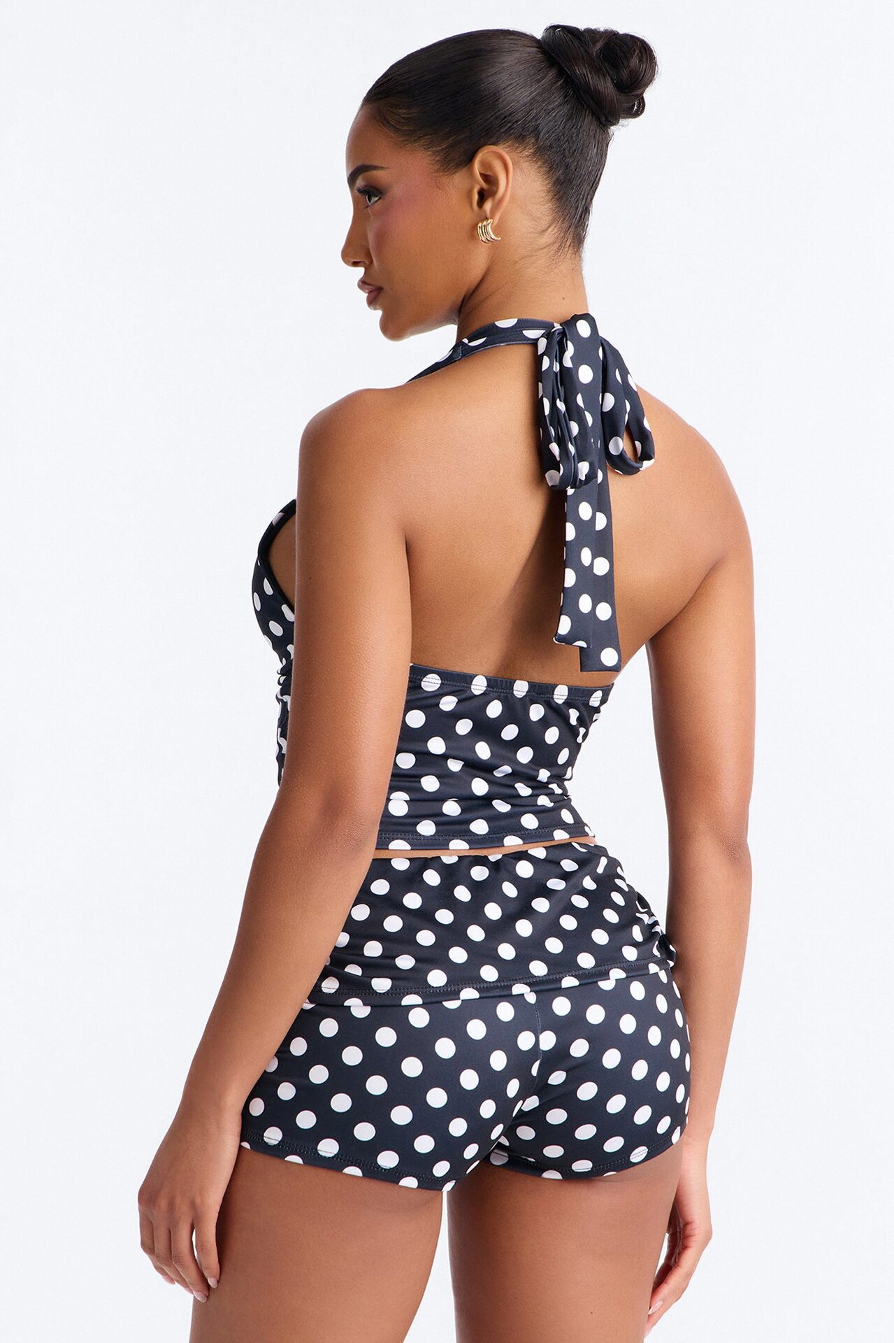 Ella Polka Dot Halter Fold Over Short Set - Black/White