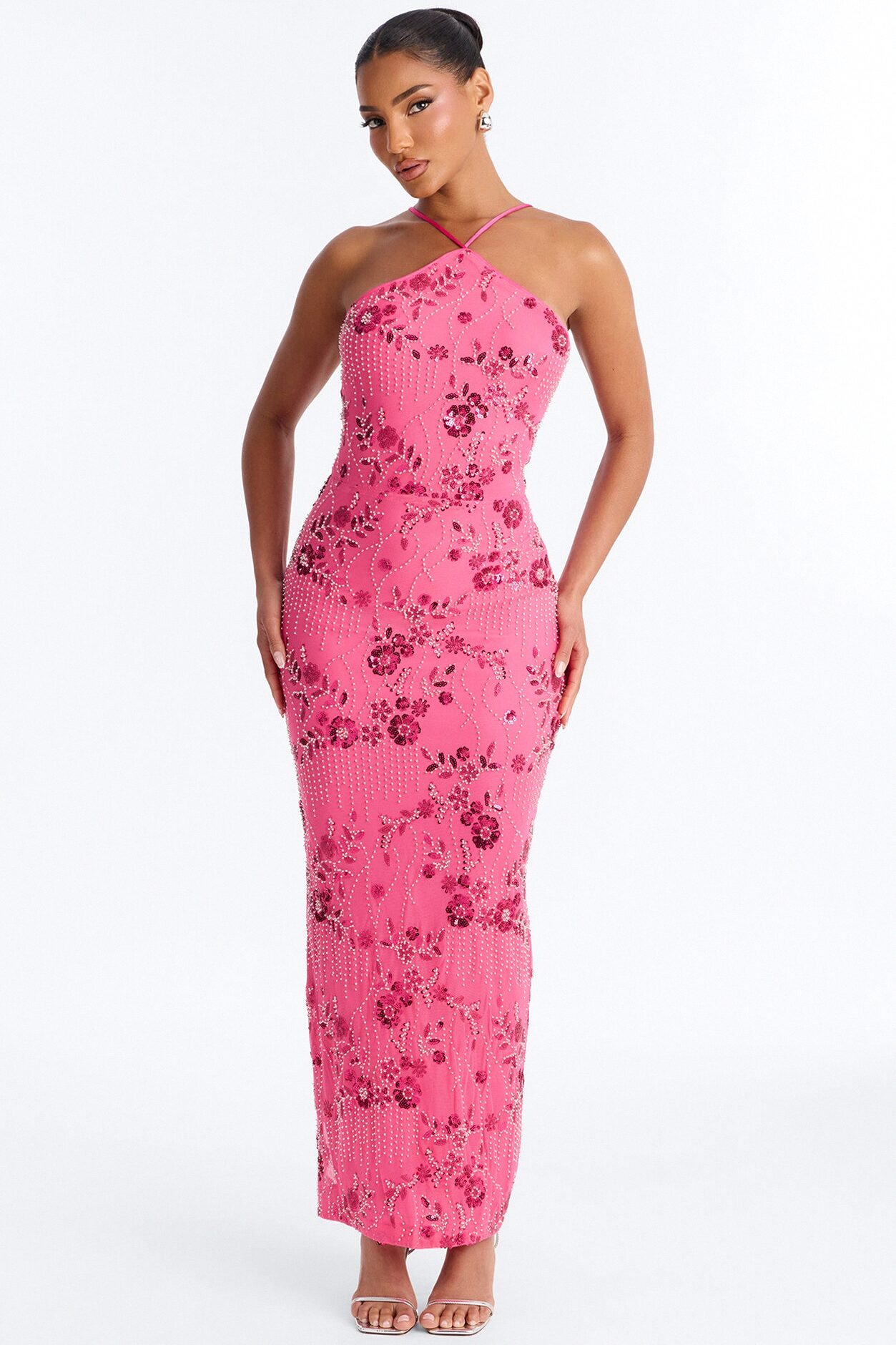 Josephine Embellished Mesh Maxi Dress - Hot Pink