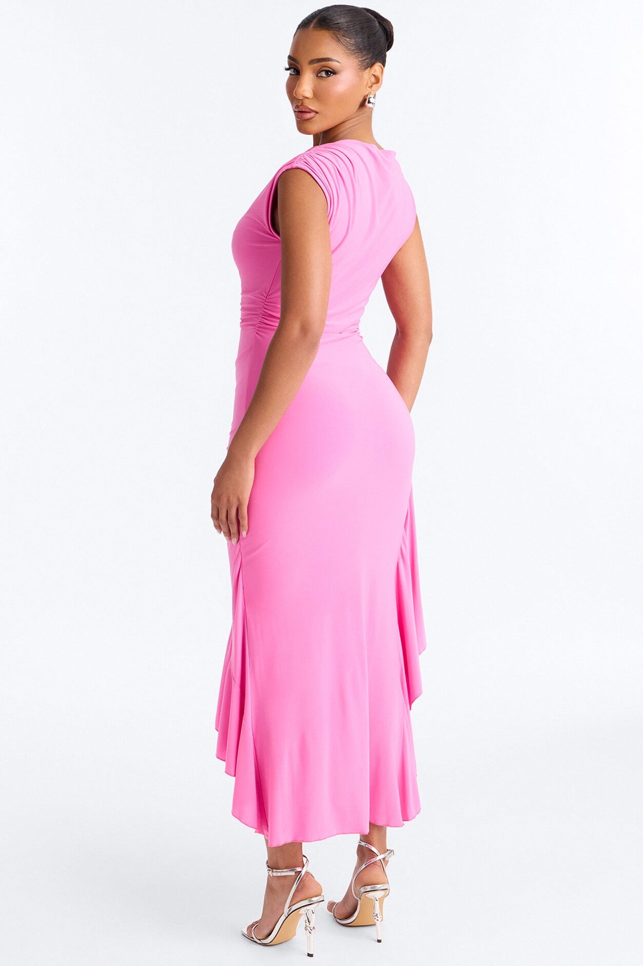 Amalia Ruched Asymmetrical Midi Dress - Pink