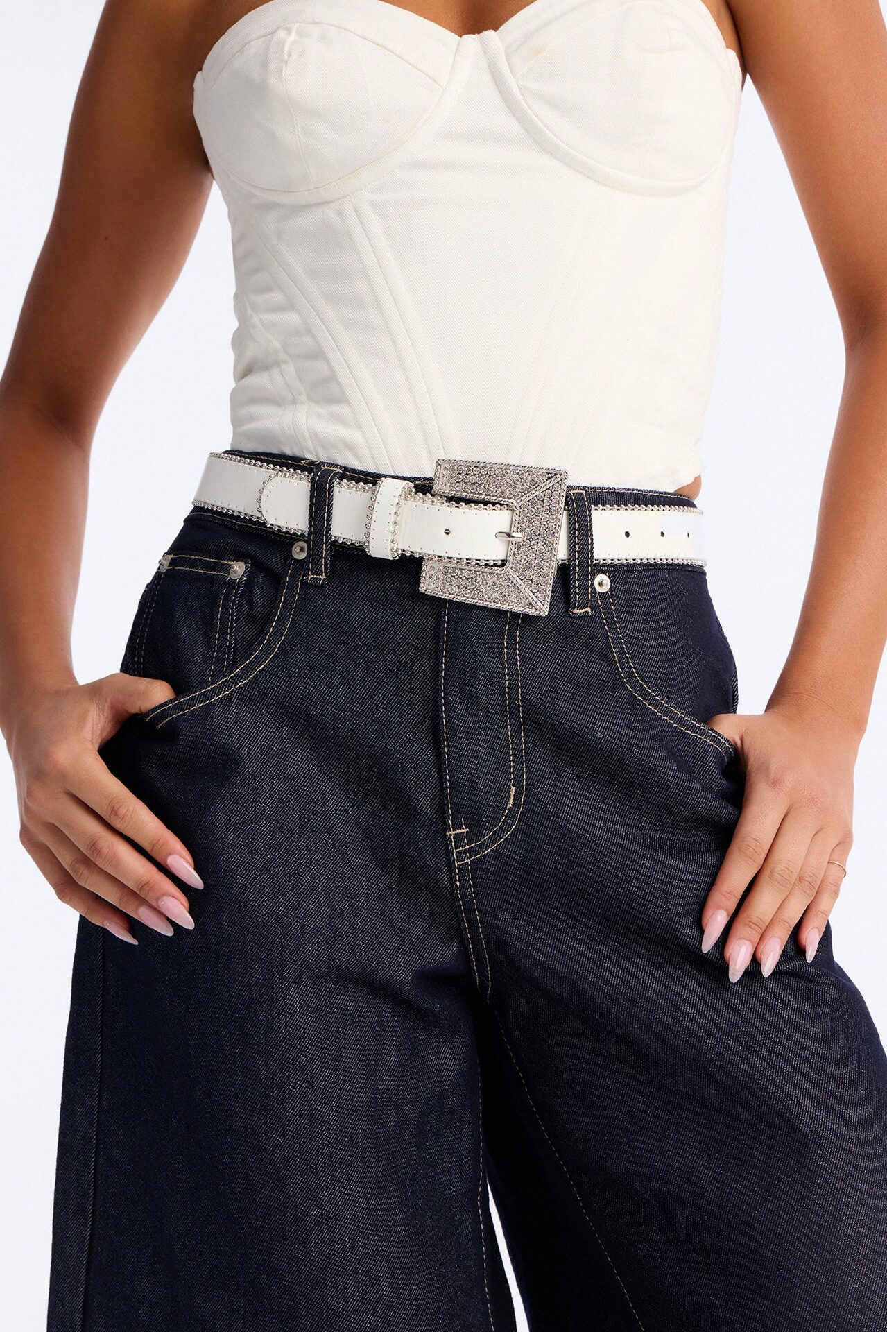 Rise and Shine Faux Leather Belt - White/Silver