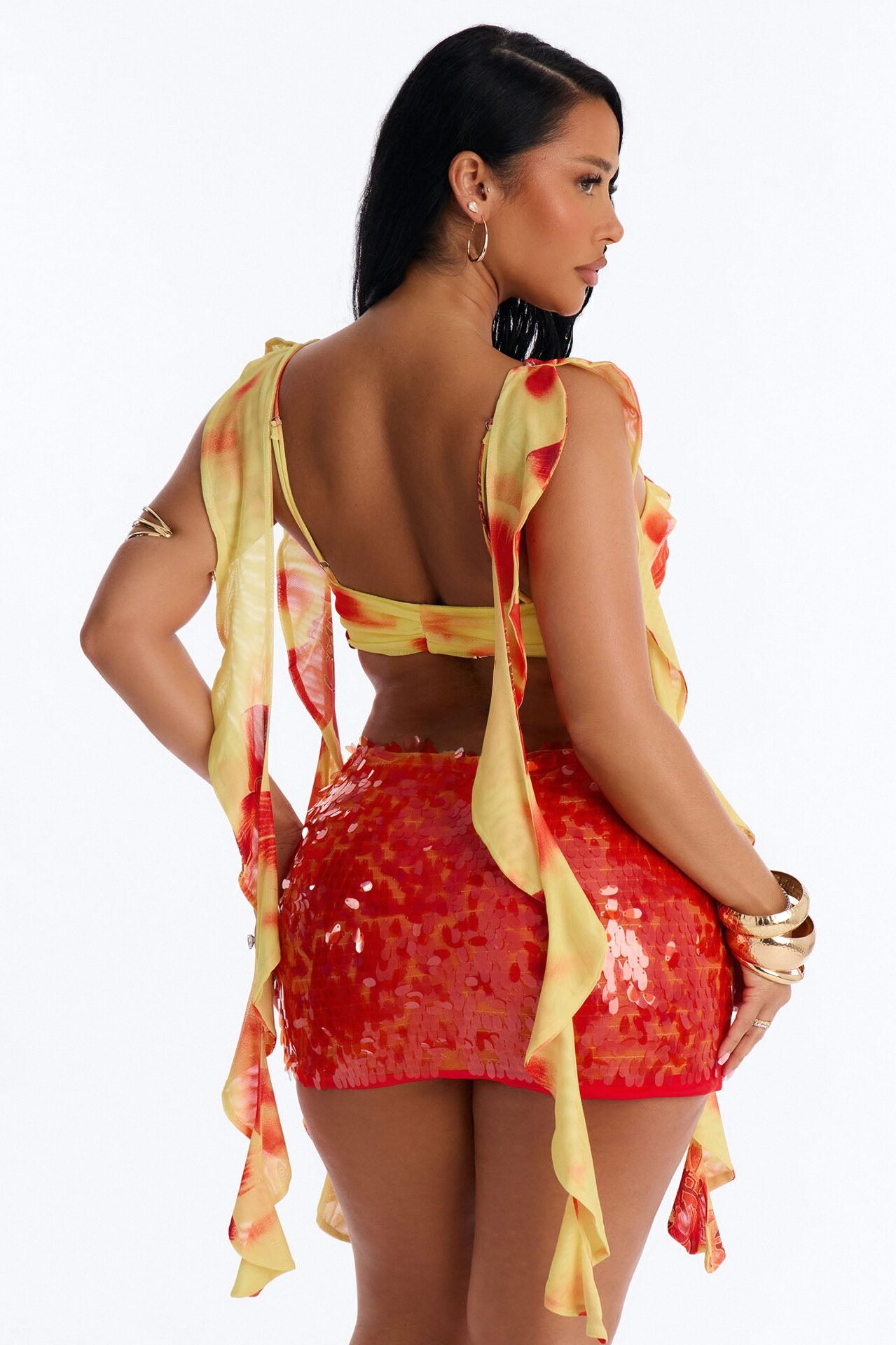 Perfect Paradise Mesh Drape Ruffle Bra Top - Orange/combo