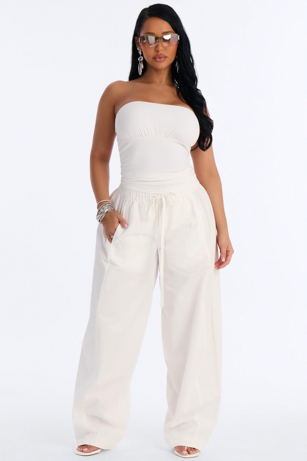 Maggie Low Rise Drawstring Wide Leg Pant 32″ - White