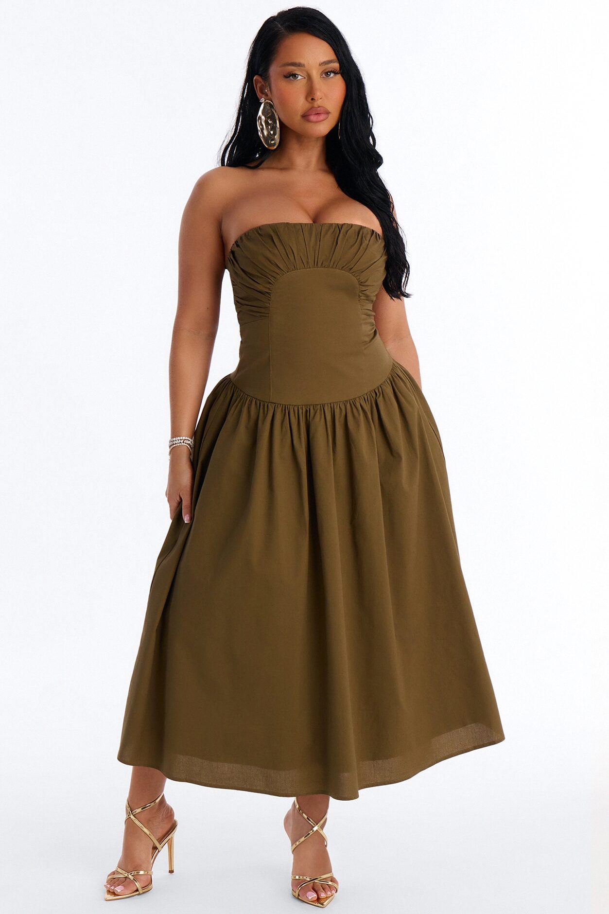 Jana Strapless Pleated Midi Dress - Olive