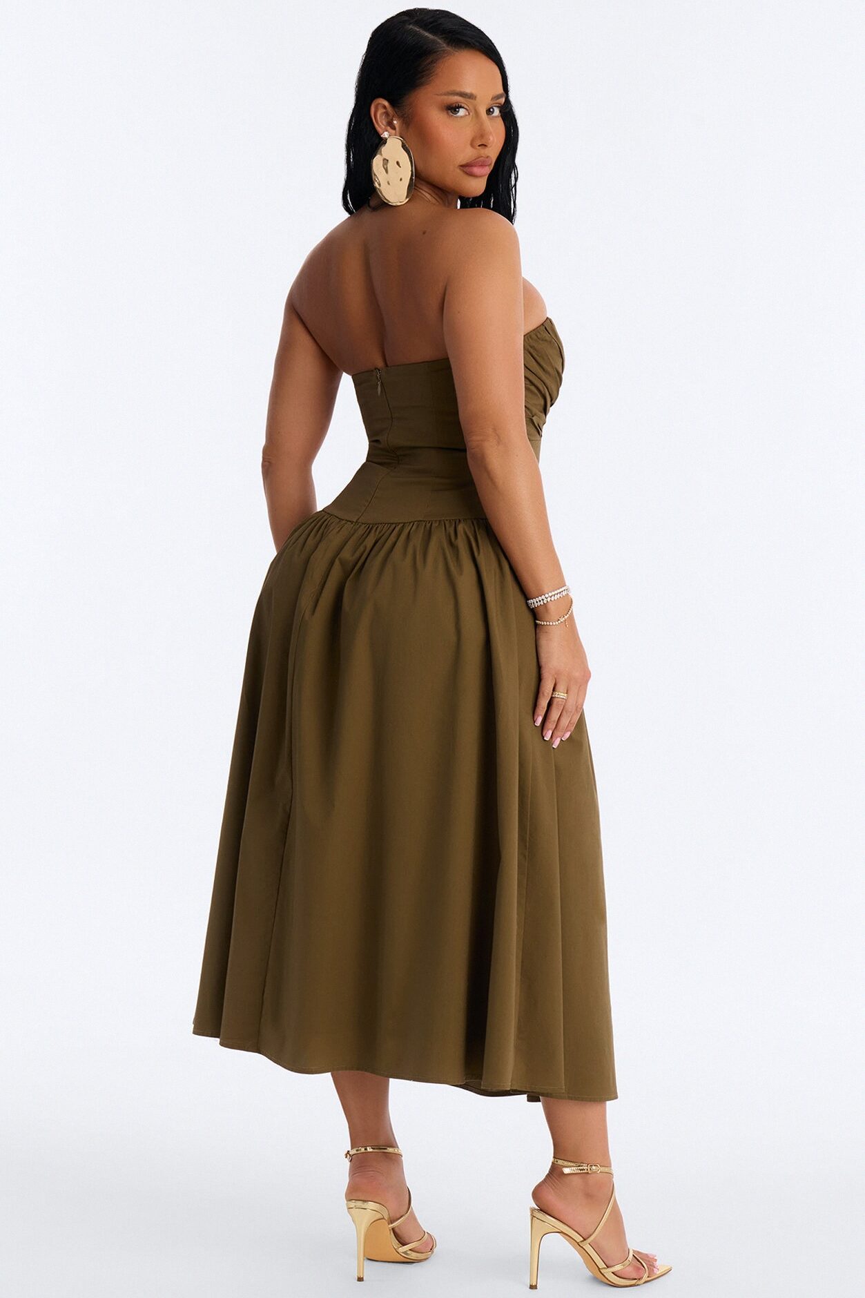 Jana Strapless Pleated Midi Dress - Olive