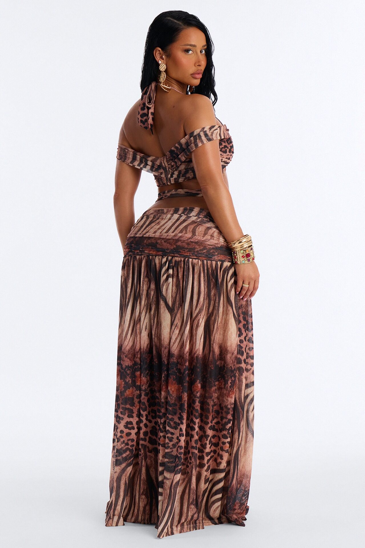 Hailey Animal Print Mesh Maxi Skirt Set - Brown Combo