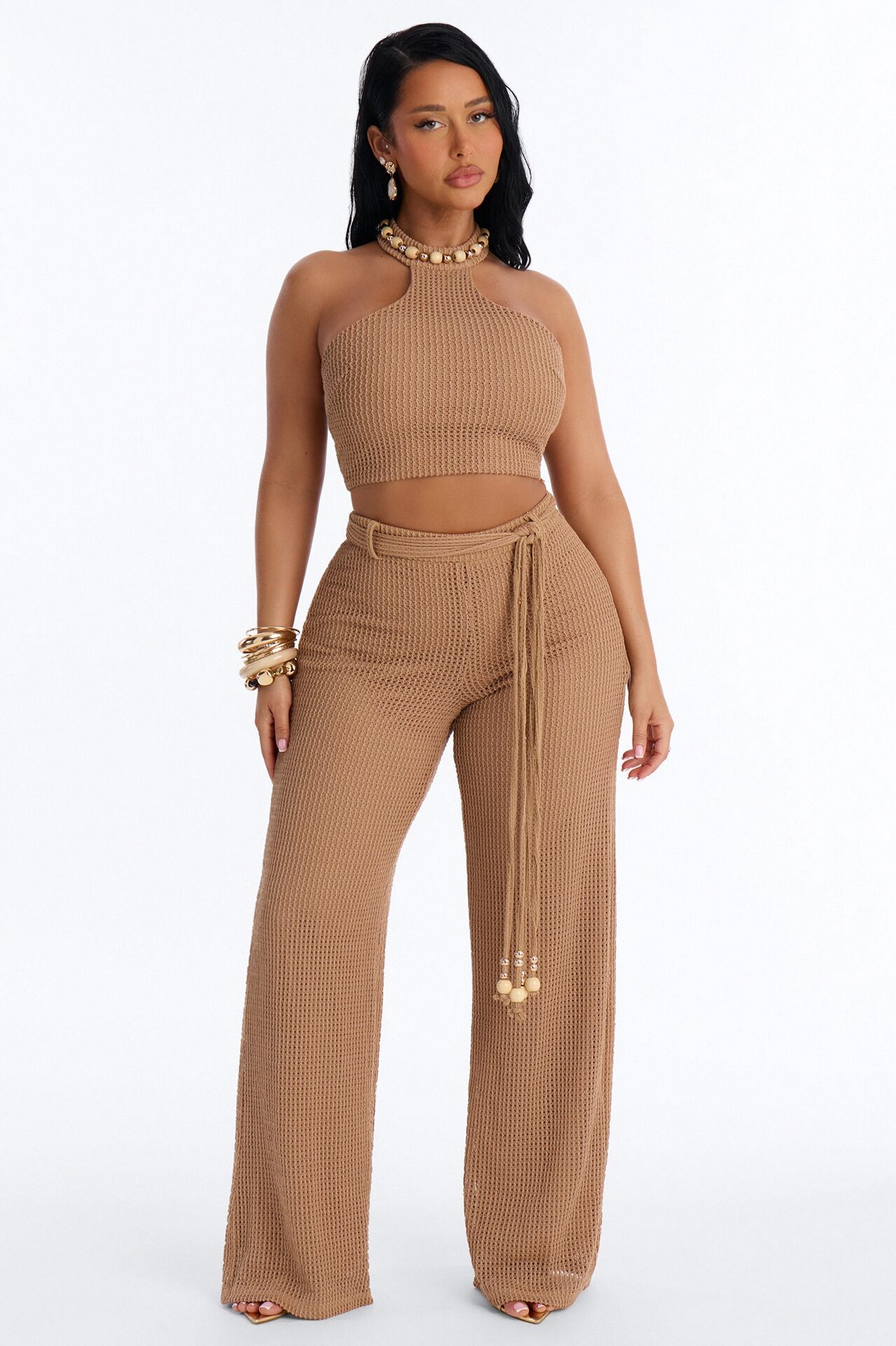Shoreline Chic Beaded Halter Crochet Pant Set - Camel