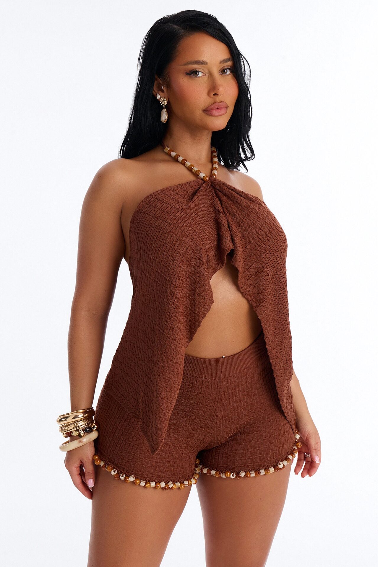 Kinsley Backless Beaded Short Set - Brown