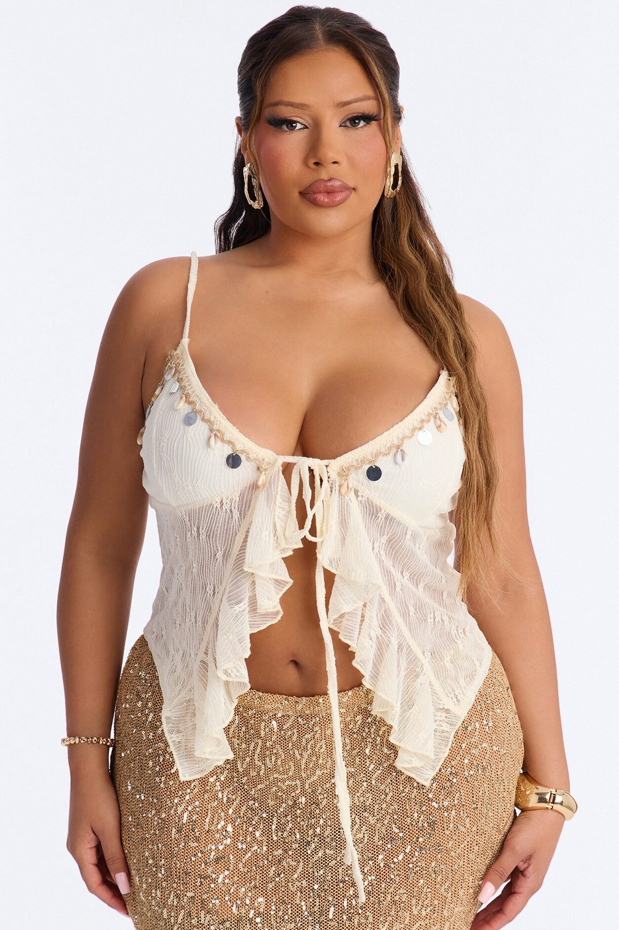 Cabo Breeze Textured Embellished Flyaway Top - Ivory